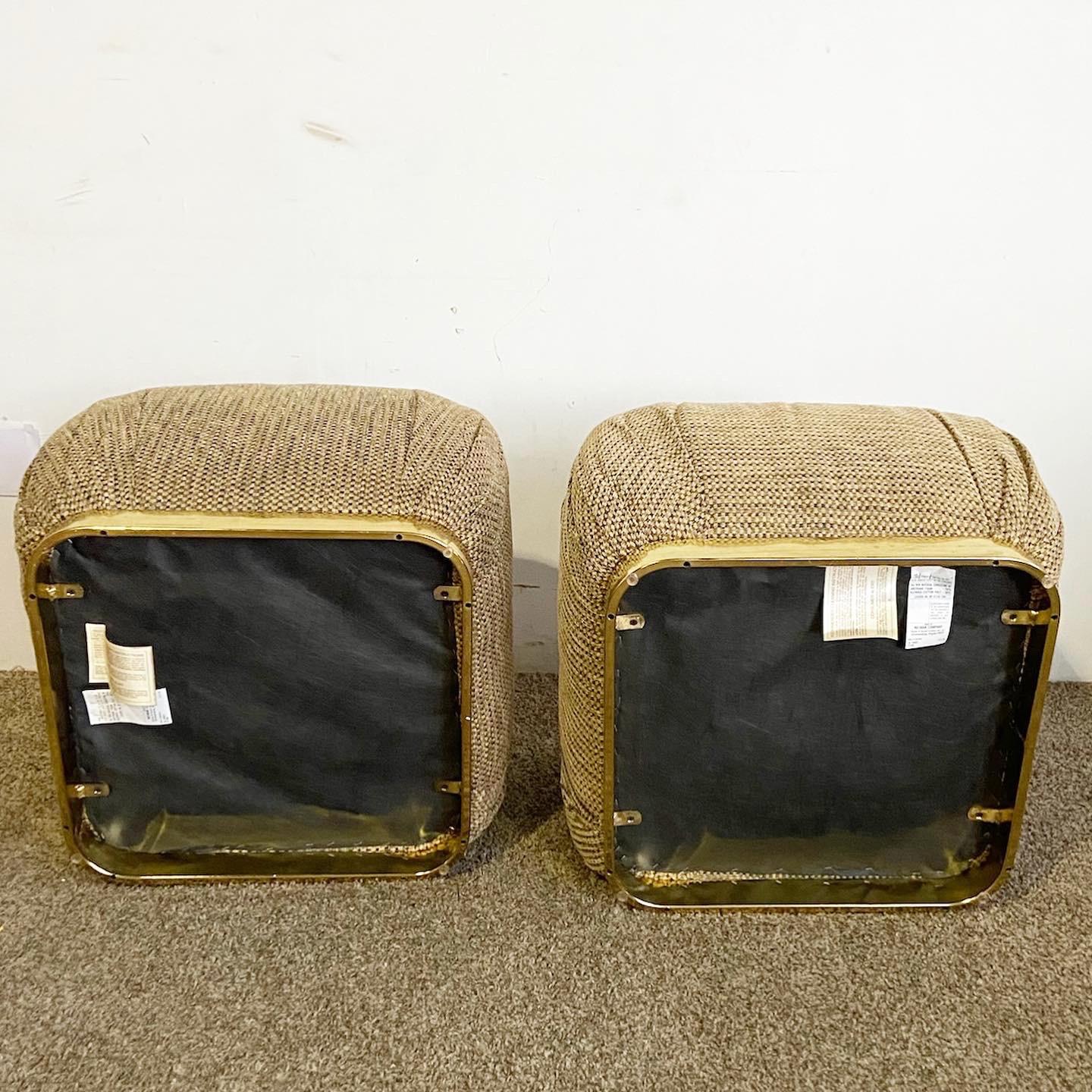 Postmodern Textured Brown Fabric Pouf Ottomans on Gold Base - a Pair In Good Condition For Sale In Delray Beach, FL