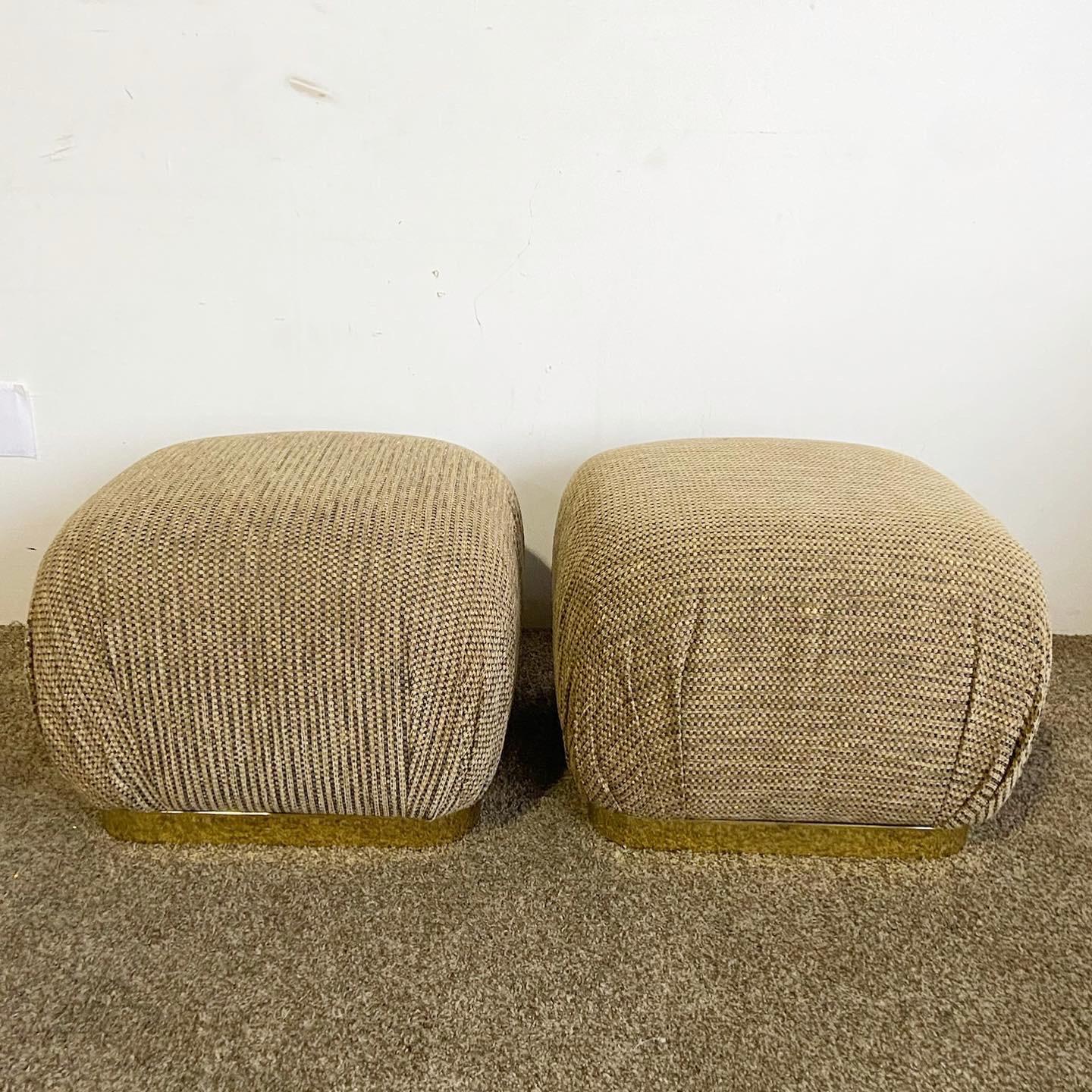 Late 20th Century Postmodern Textured Brown Fabric Pouf Ottomans on Gold Base - a Pair For Sale