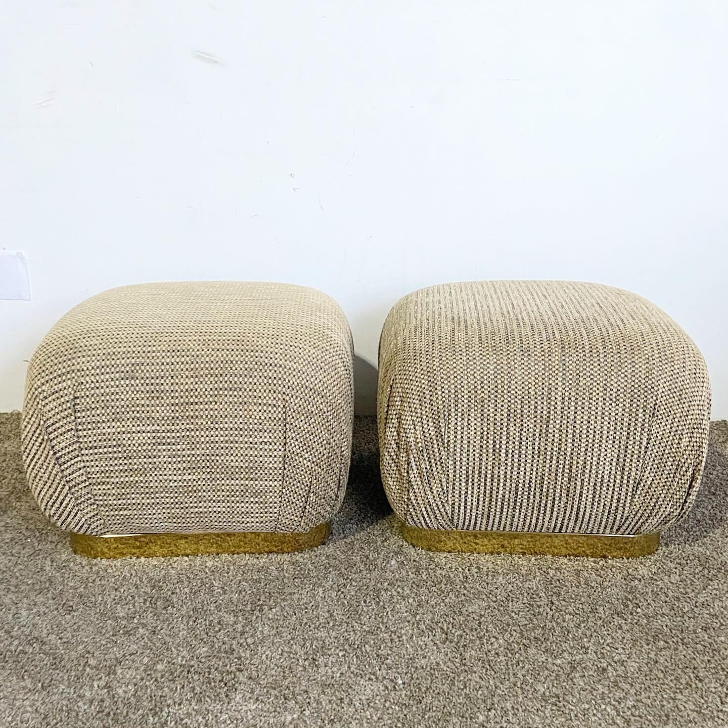 Metal Postmodern Textured Brown Fabric Pouf Ottomans on Gold Base - a Pair For Sale