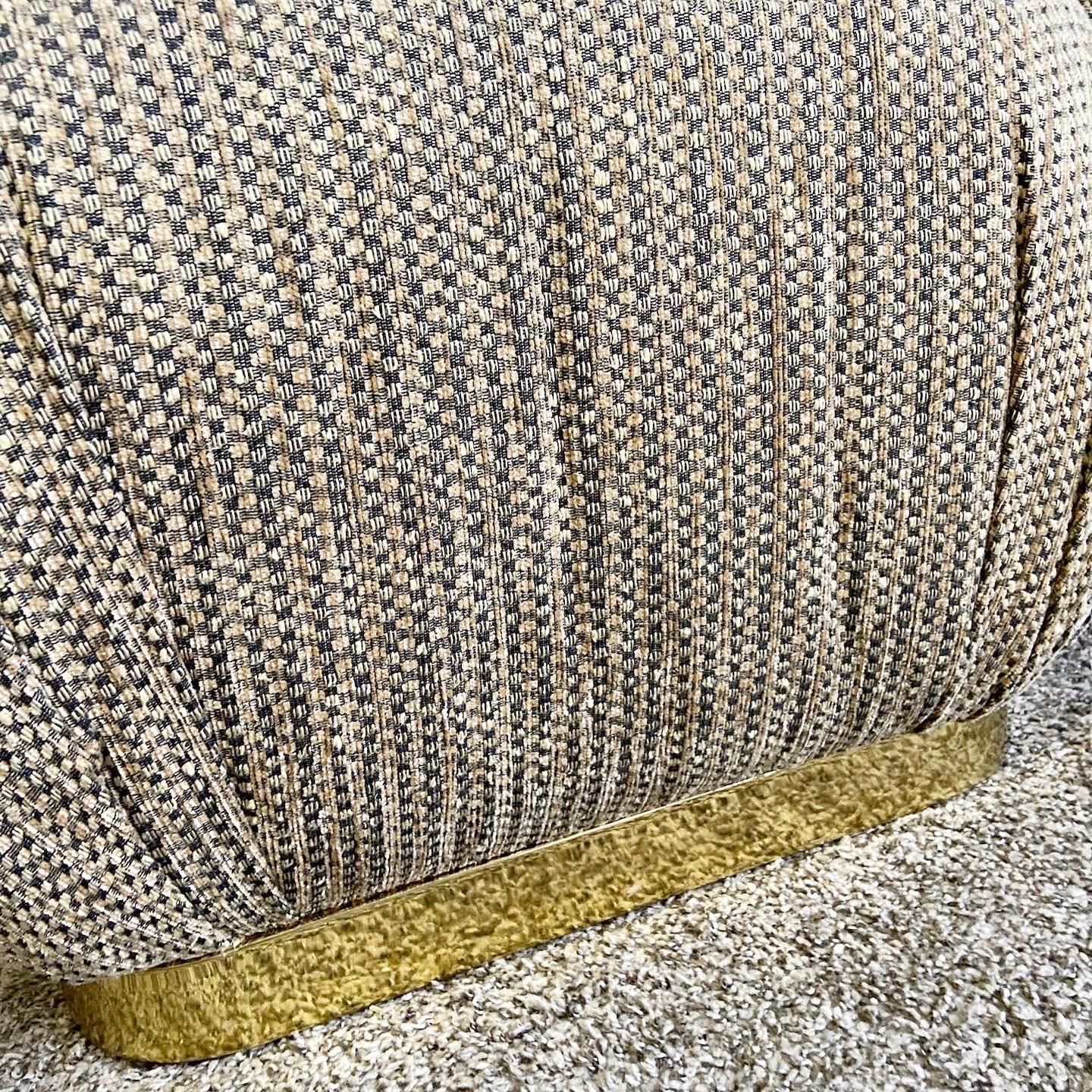 Postmodern Textured Brown Fabric Pouf Ottomans on Gold Base - a Pair For Sale 1