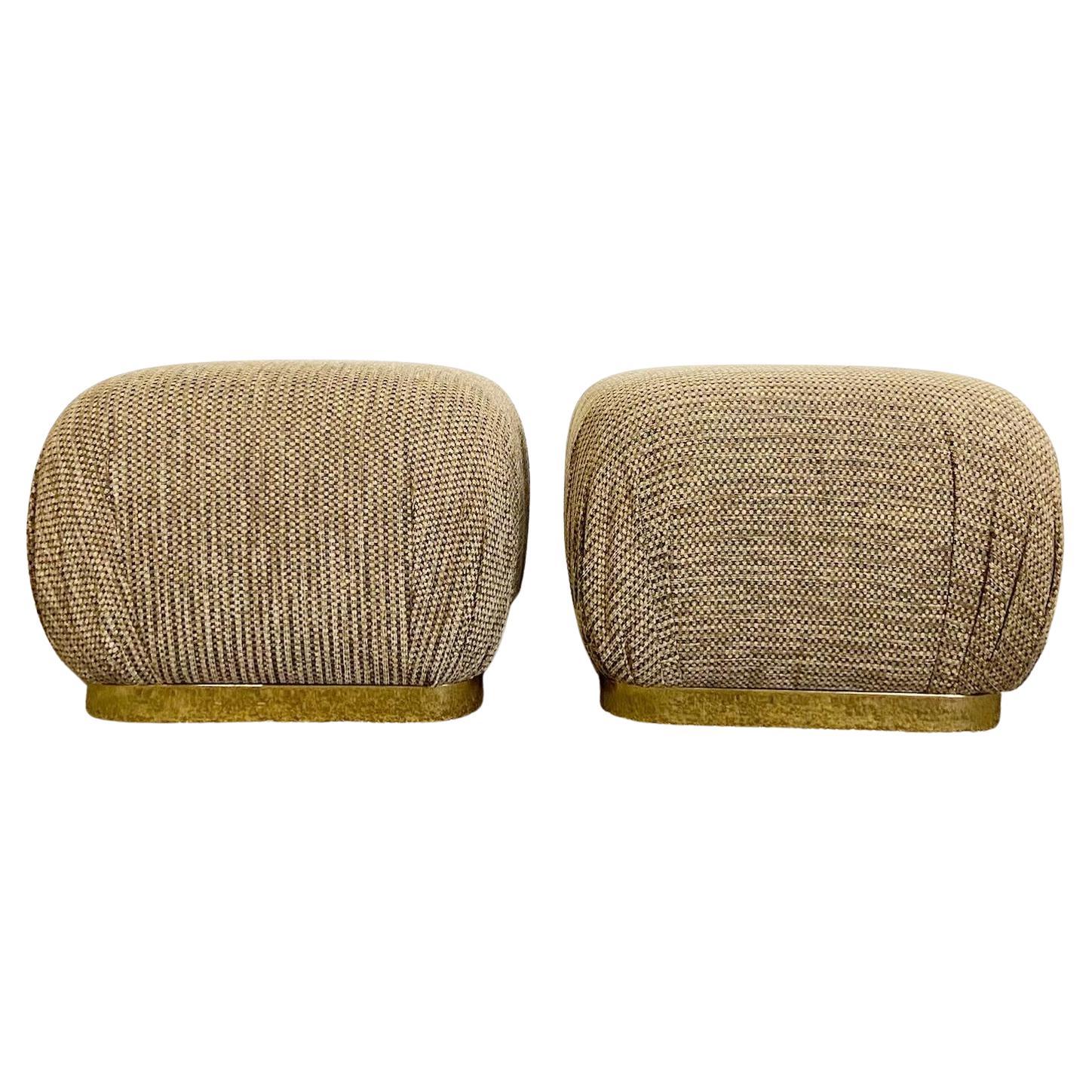 Postmodern Textured Brown Fabric Pouf Ottomans on Gold Base - a Pair For Sale