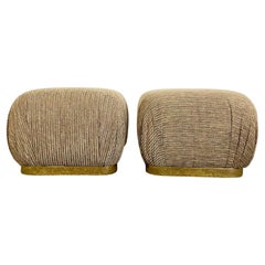 Retro Postmodern Textured Brown Fabric Pouf Ottomans on Gold Base - a Pair
