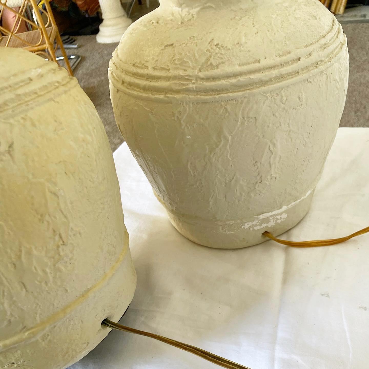 American Postmodern Textured Plaster Ginger Jar Table Lamps - a Pair For Sale