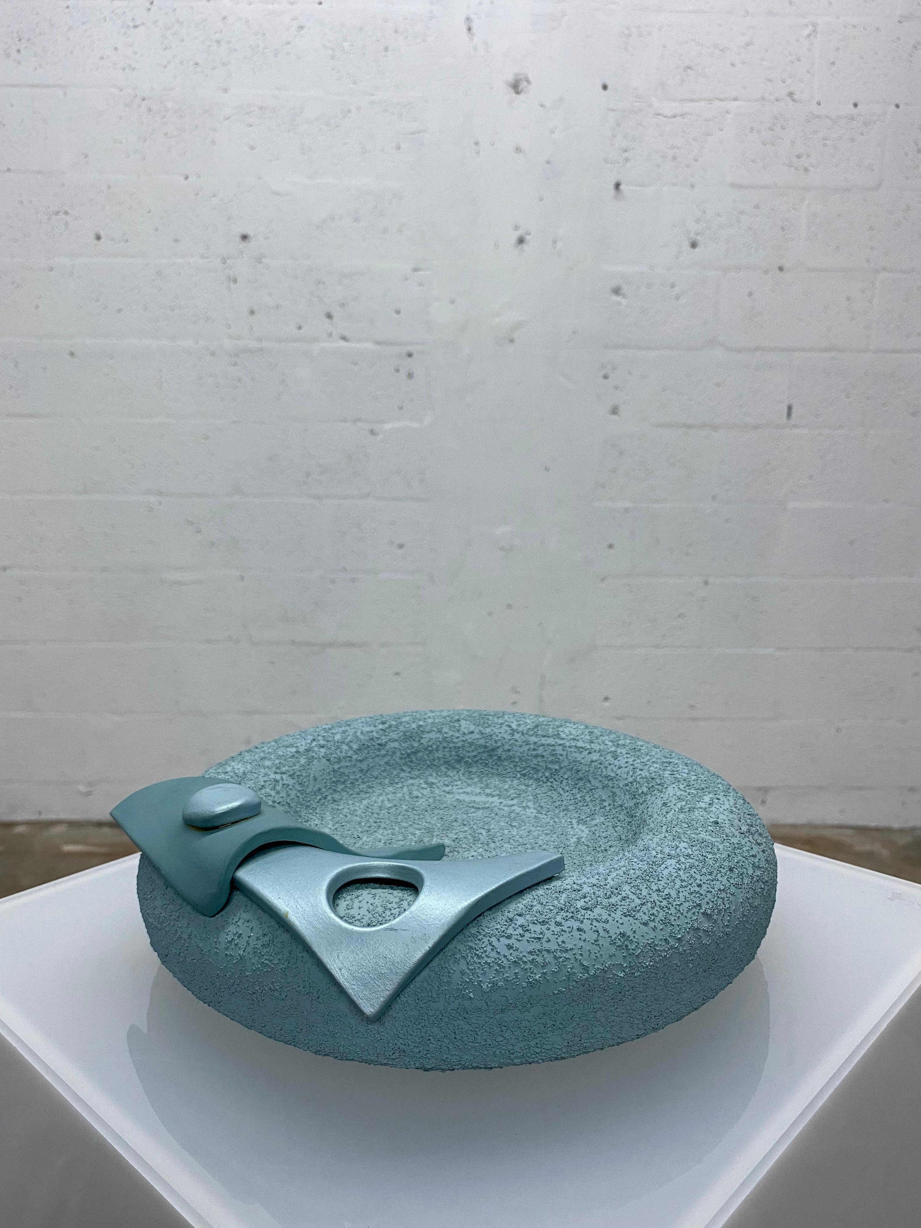 Ceramic Postmodern Textured Teal Catch All, 1980s