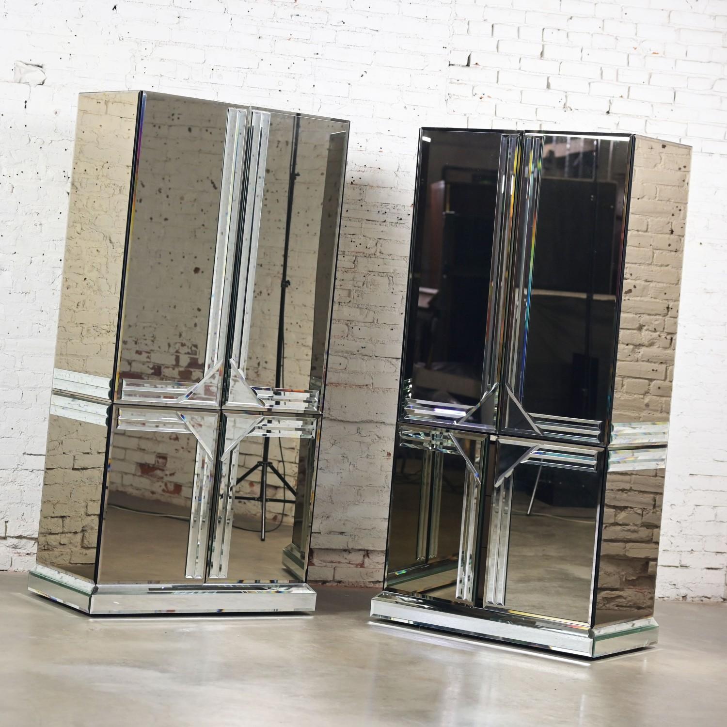 Post-Modern Postmodern to Art Deco Revival Mirrored Cabinet & Armoire a Pair Style of Ello