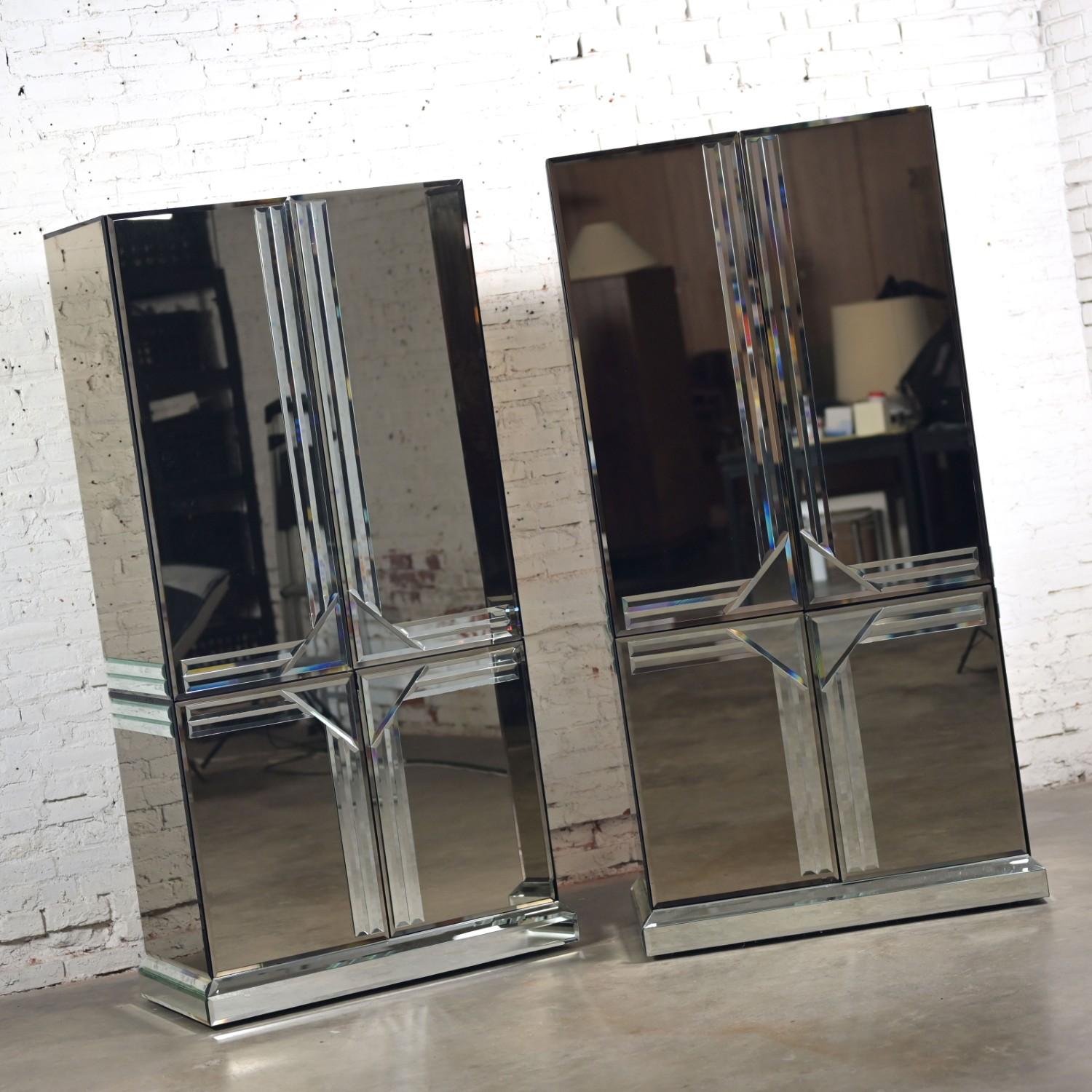 20th Century Postmodern to Art Deco Revival Mirrored Cabinet & Armoire a Pair Style of Ello