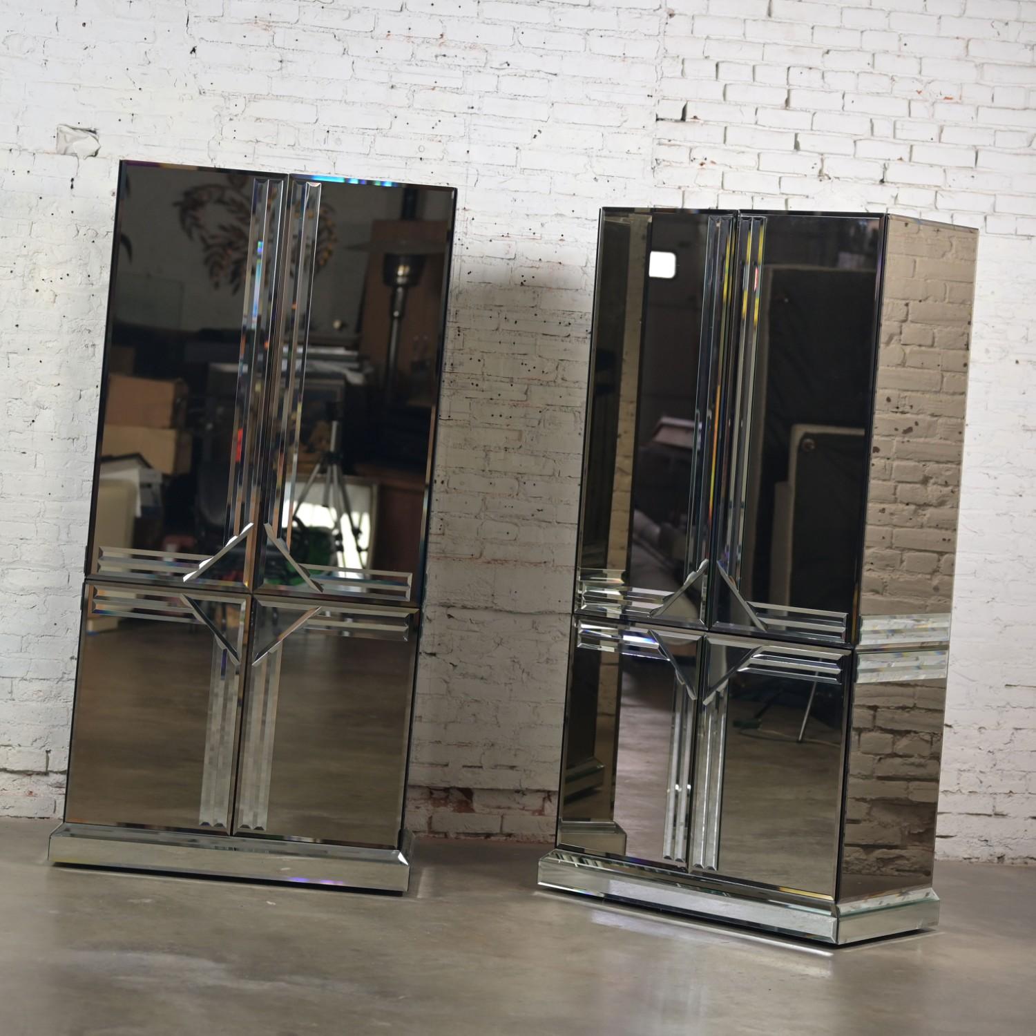 Glass Postmodern to Art Deco Revival Mirrored Cabinet & Armoire a Pair Style of Ello