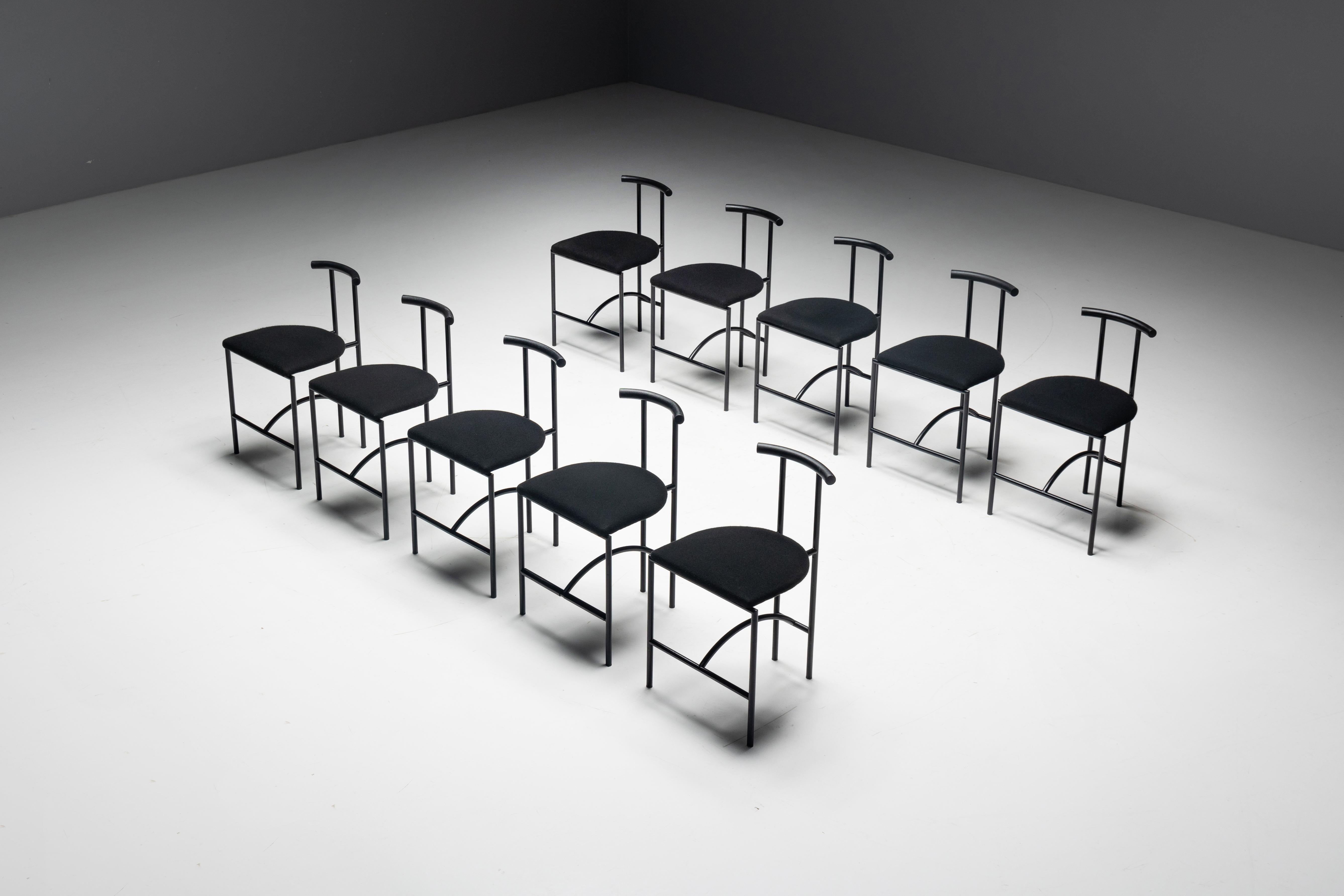 Set of 10 Rodney Kinsman Tokyo dining chairs for Bieffeplast, a 1980s postmodern design featuring elegant black steel frames with black wool fabric seating. The sleek, minimalist lines reflect Kinsman's innovative approach to furniture design,