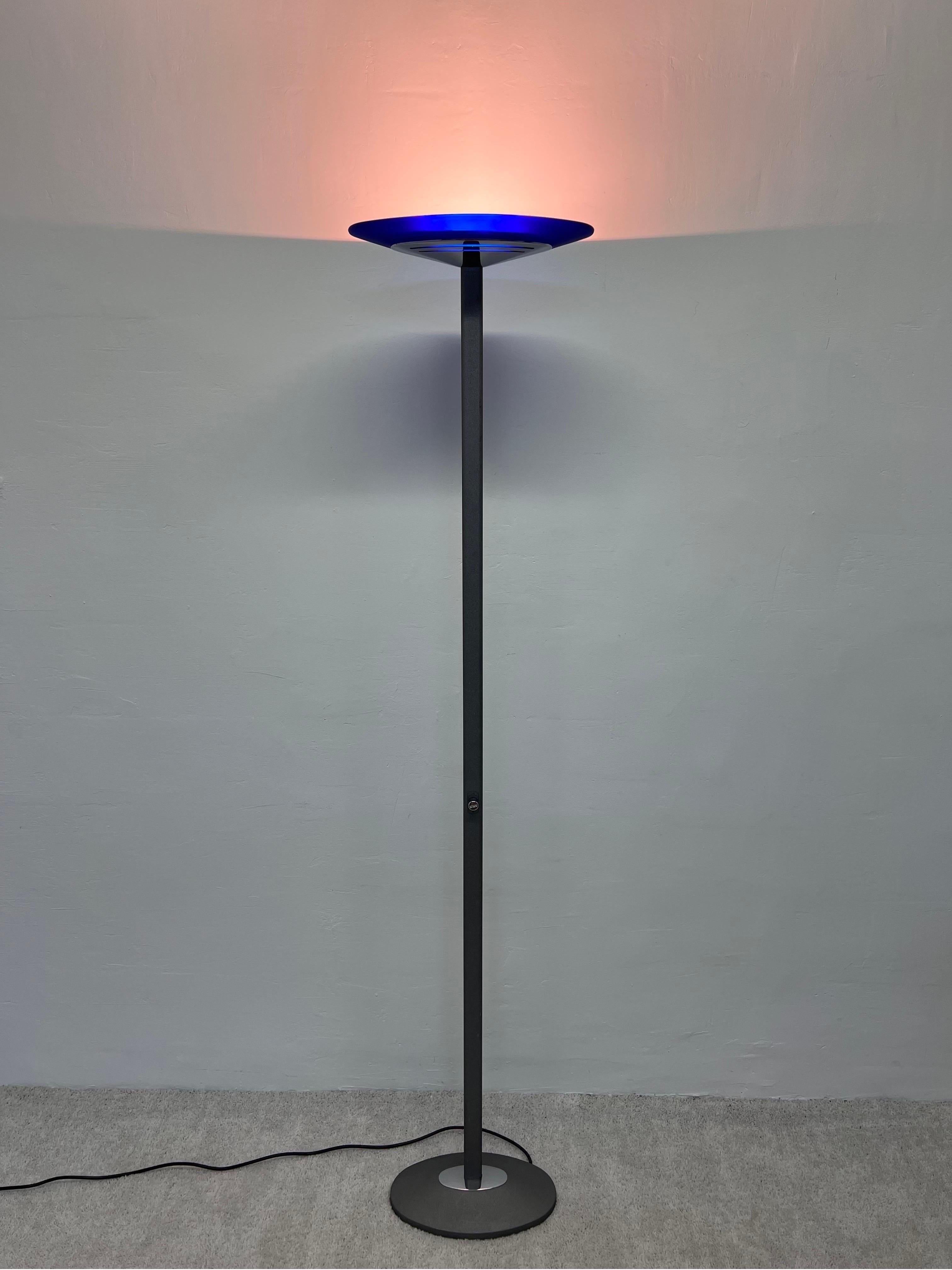 Italian Postmodern Torchiere Floor Lamp With Frosted Blue Glass Shade by Estiluz