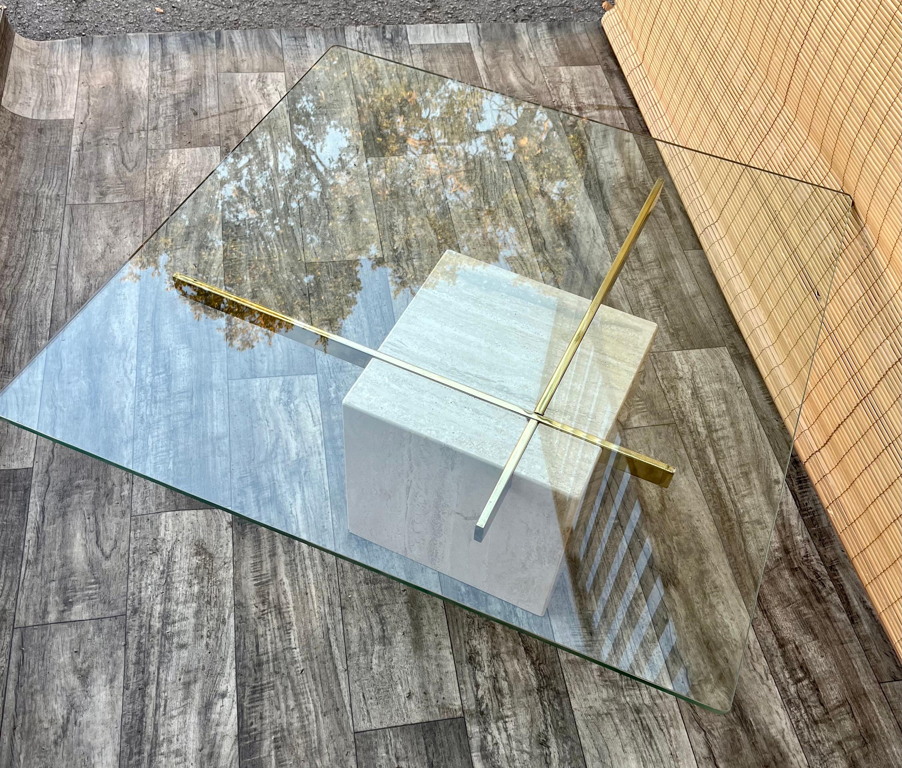 Postmodern Travertine and Glass Top Coffee Table. Circa 1970s  For Sale 6