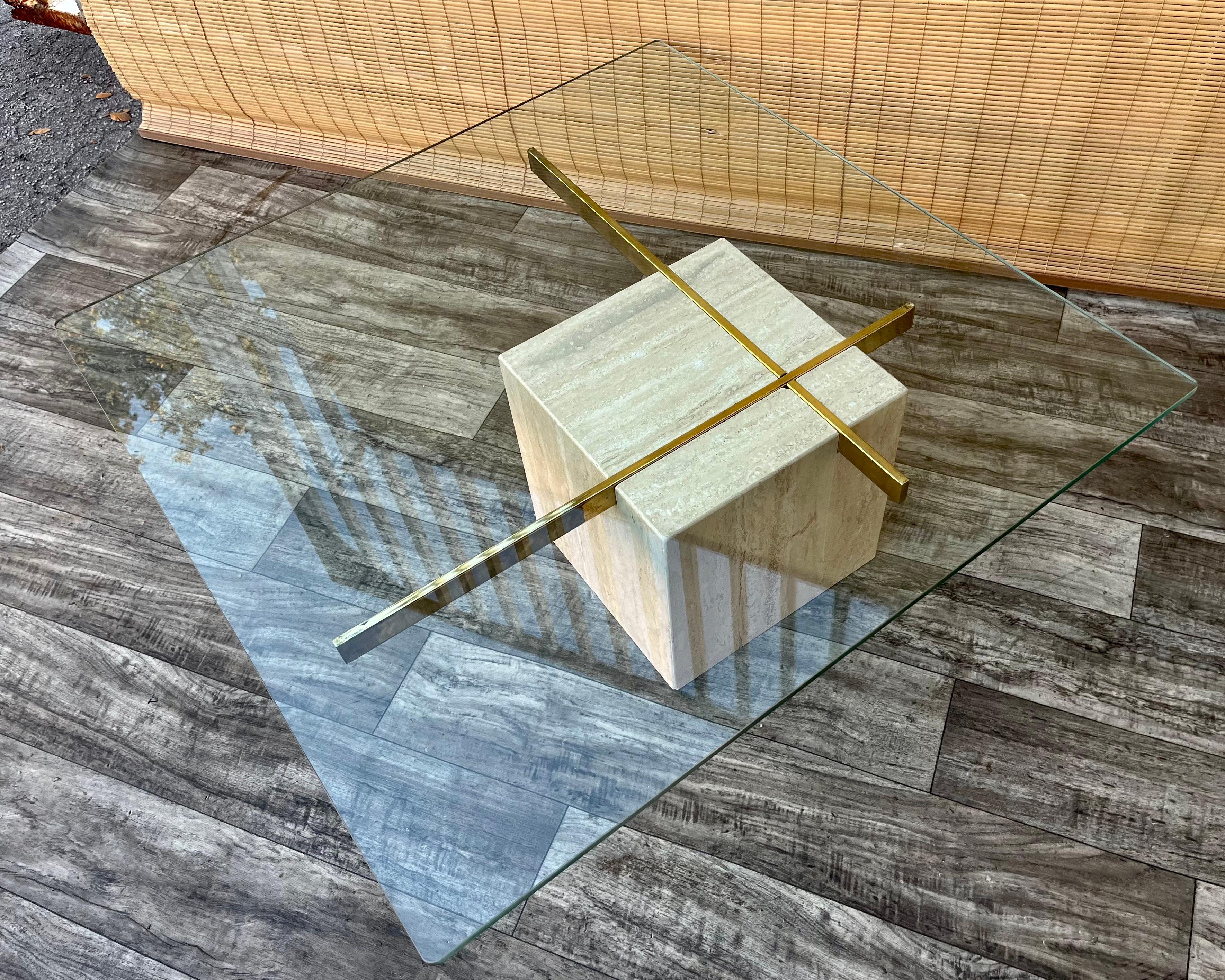 Postmodern Travertine and Glass Top Coffee Table. Circa 1970s  For Sale 7