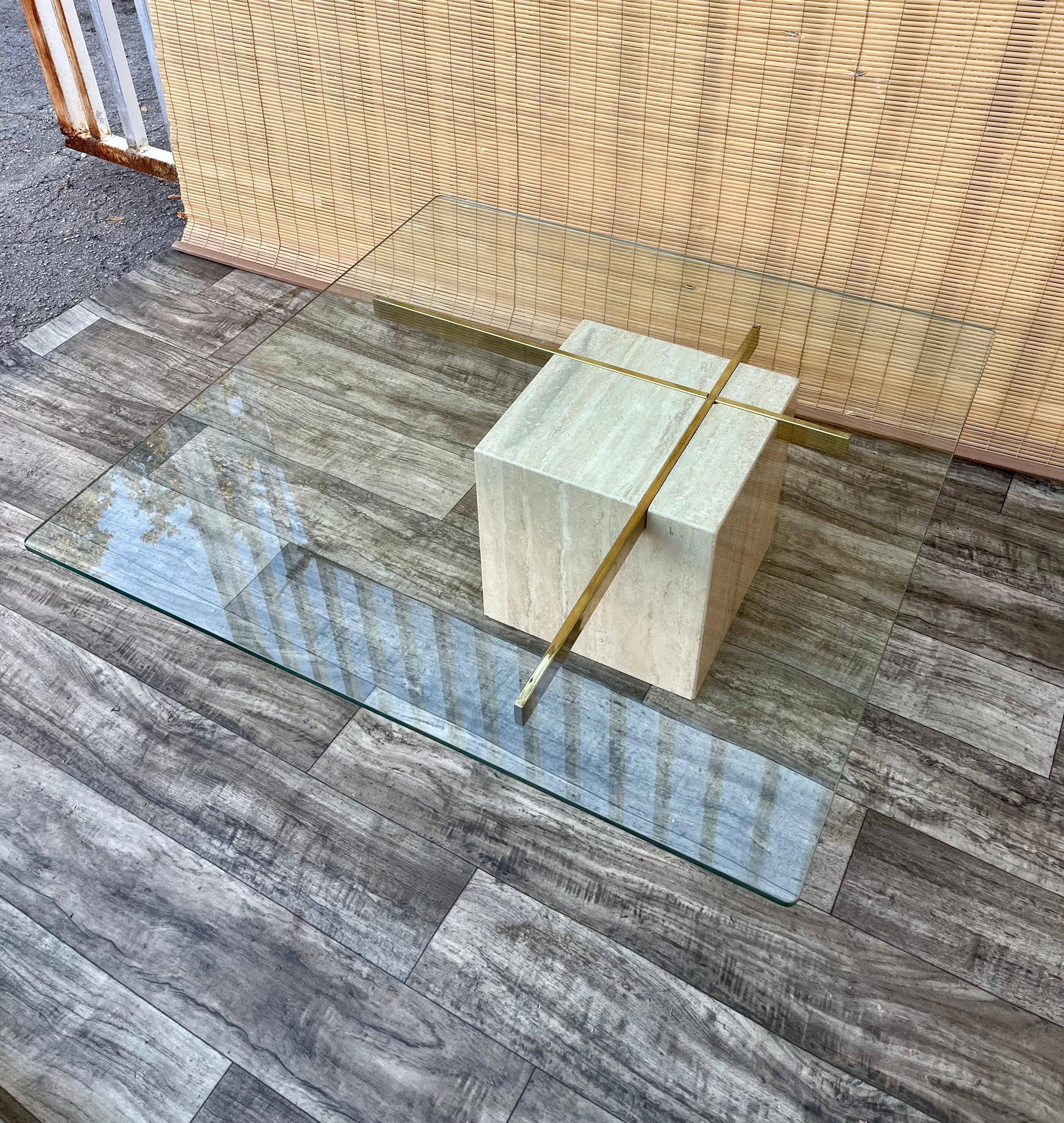 Postmodern Travertine and Glass Top Coffee Table. Circa 1970s  For Sale 8