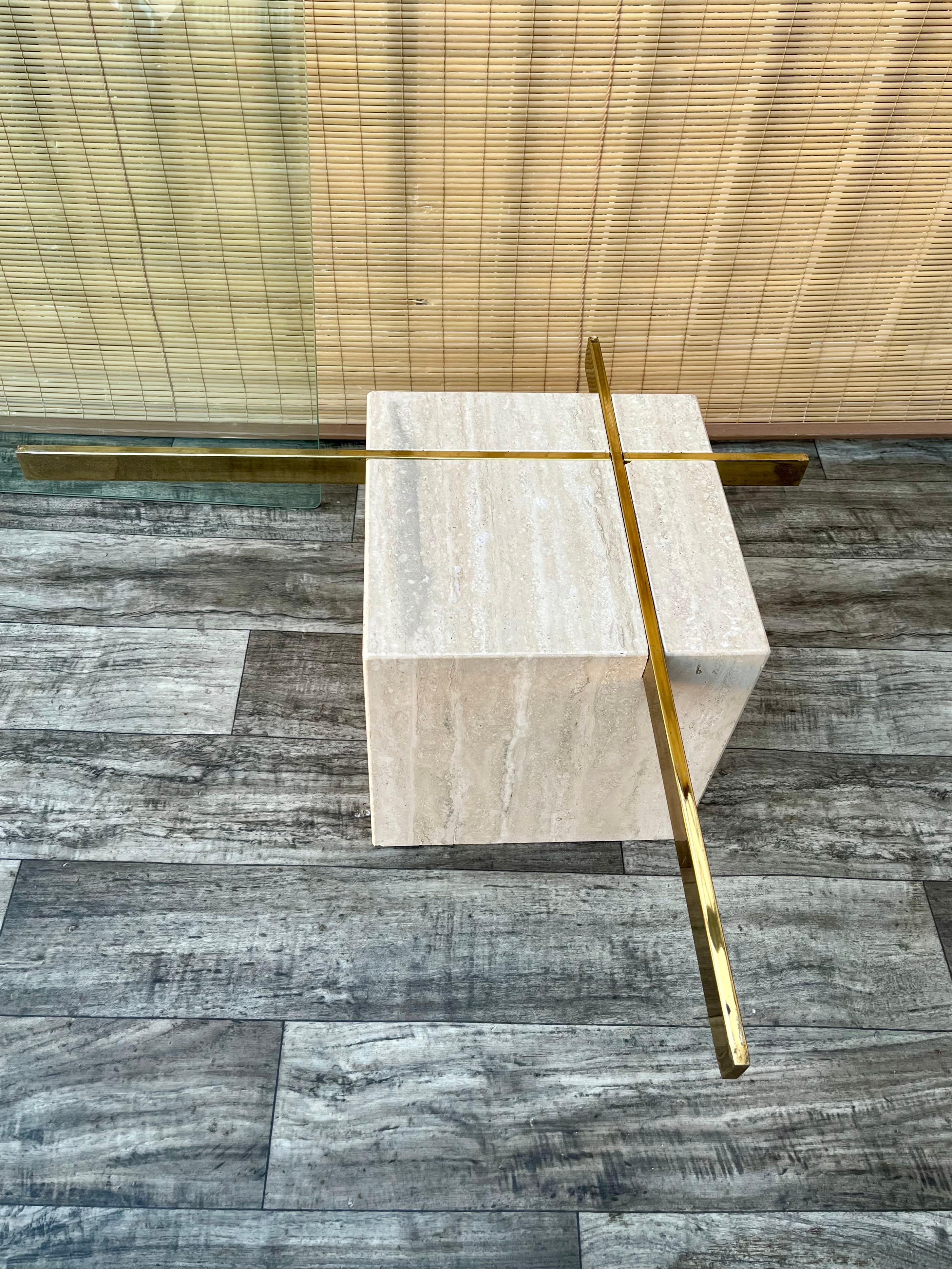 Postmodern Travertine and Glass Top Coffee Table. Circa 1970s  For Sale 10
