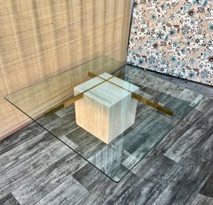 Postmodern Travertine and Glass Top Coffee Table. Circa 1970s