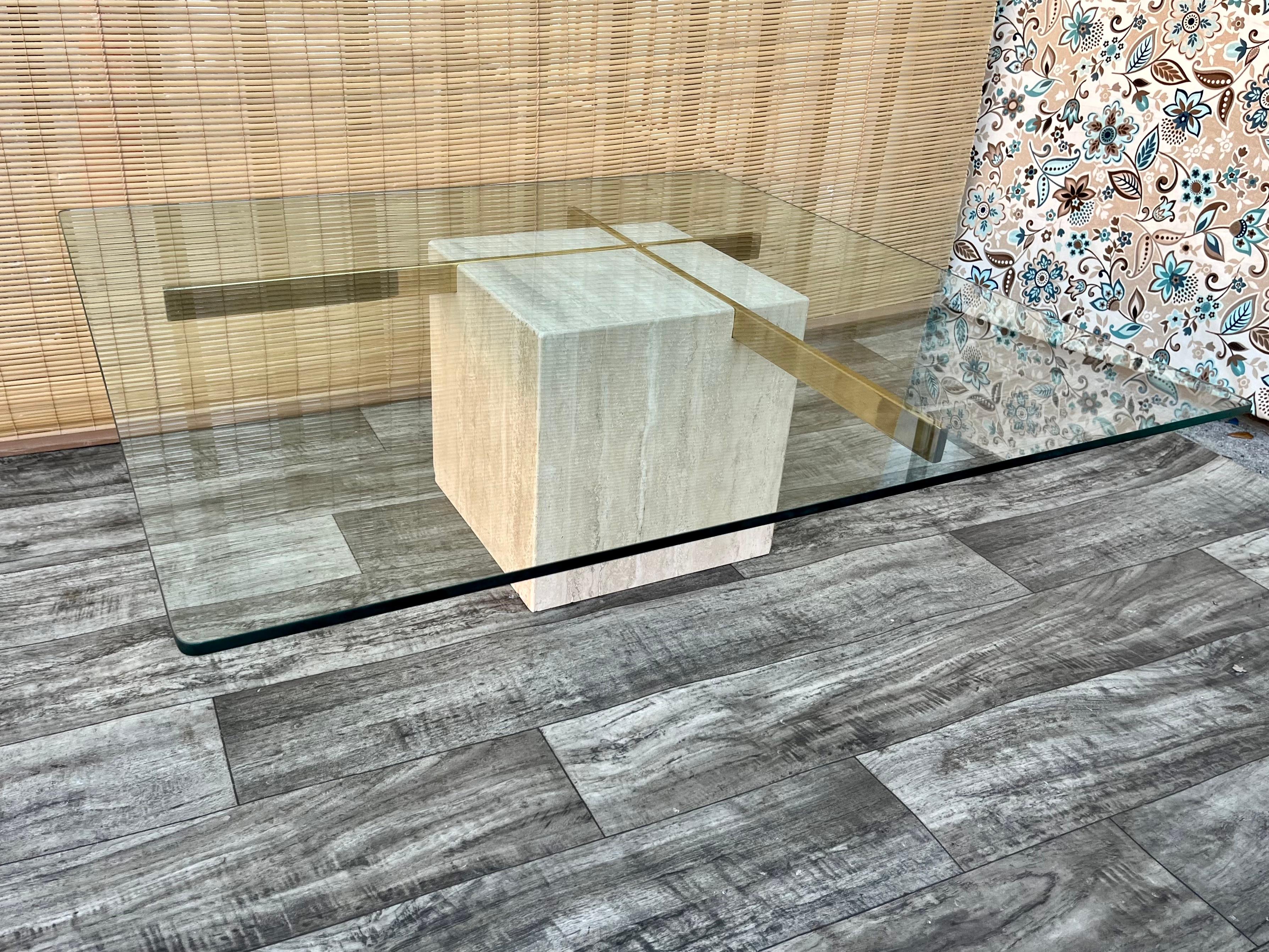 Postmodern Travertine and Glass Top Coffee Table. Circa 1970s  In Good Condition For Sale In Miami, FL