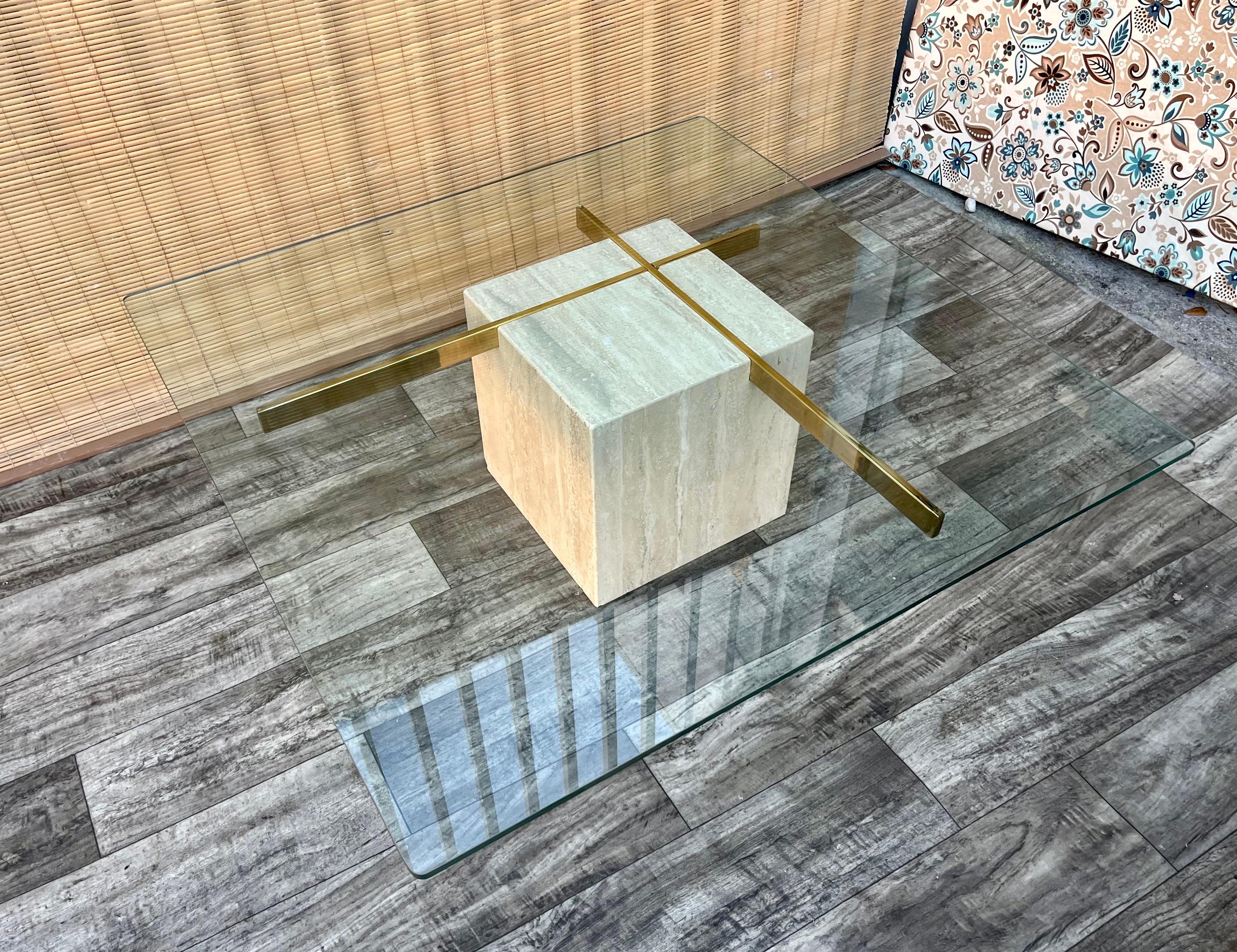 Late 20th Century Postmodern Travertine and Glass Top Coffee Table. Circa 1970s  For Sale