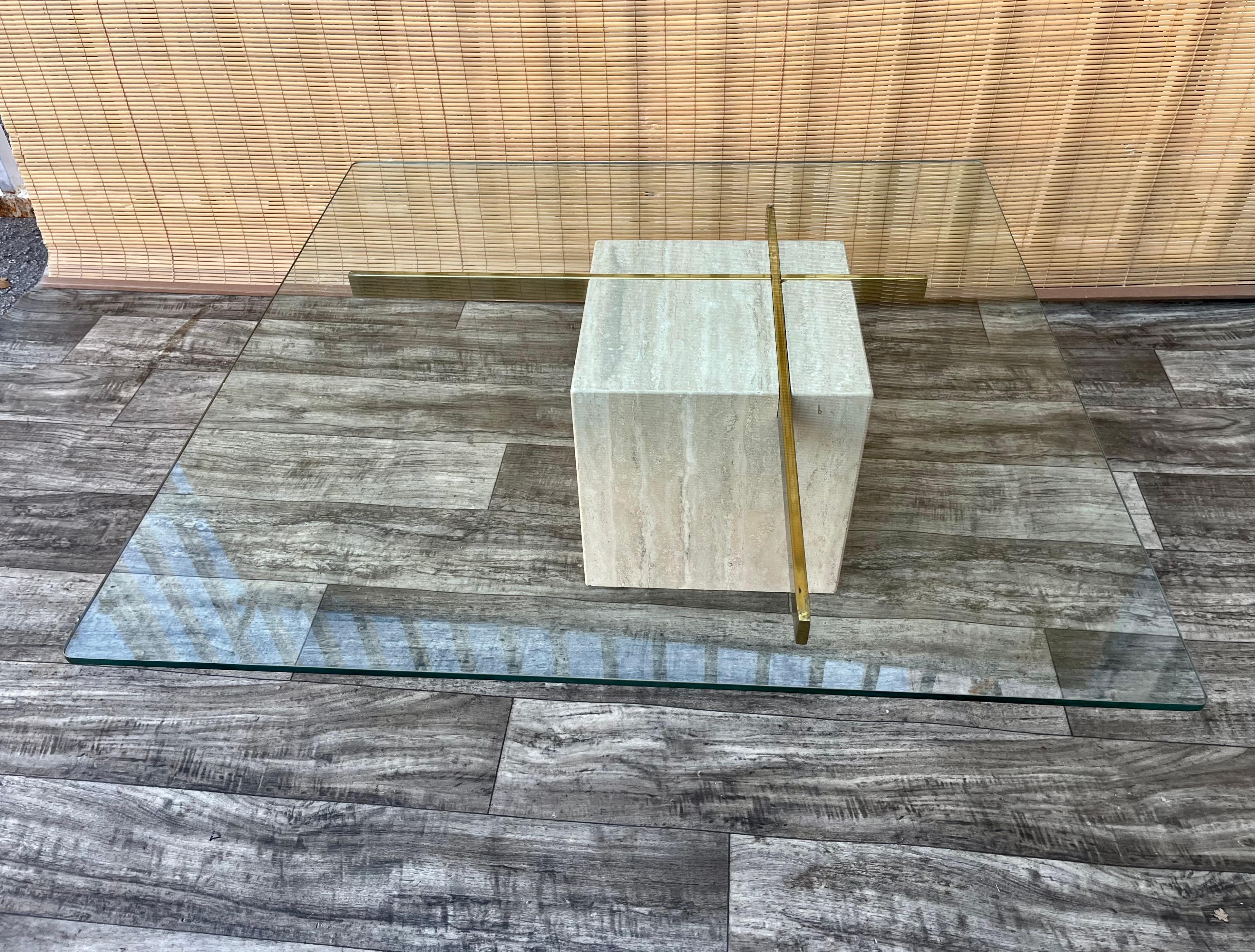 Brass Postmodern Travertine and Glass Top Coffee Table. Circa 1970s  For Sale