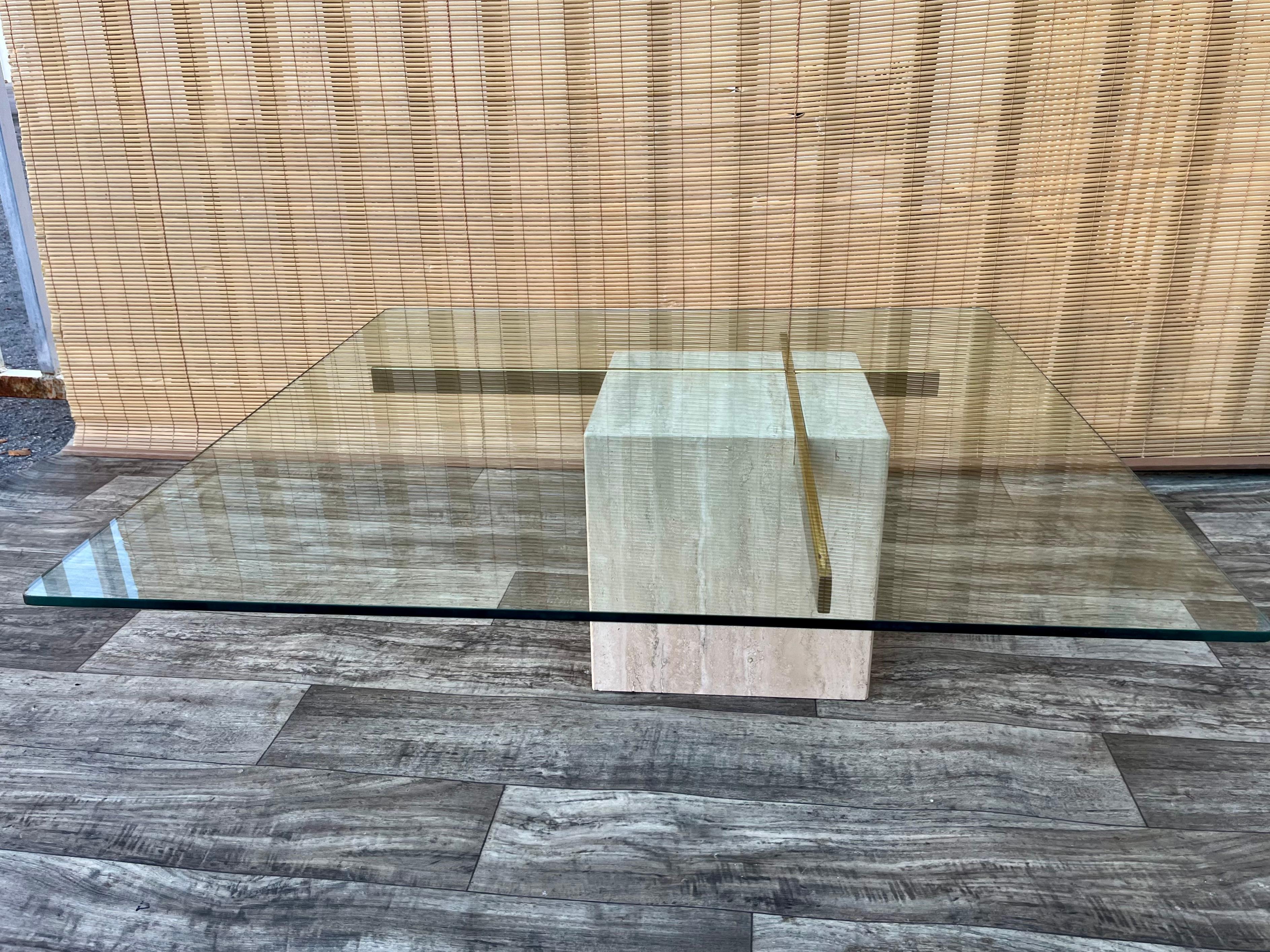 Postmodern Travertine and Glass Top Coffee Table. Circa 1970s  For Sale 1