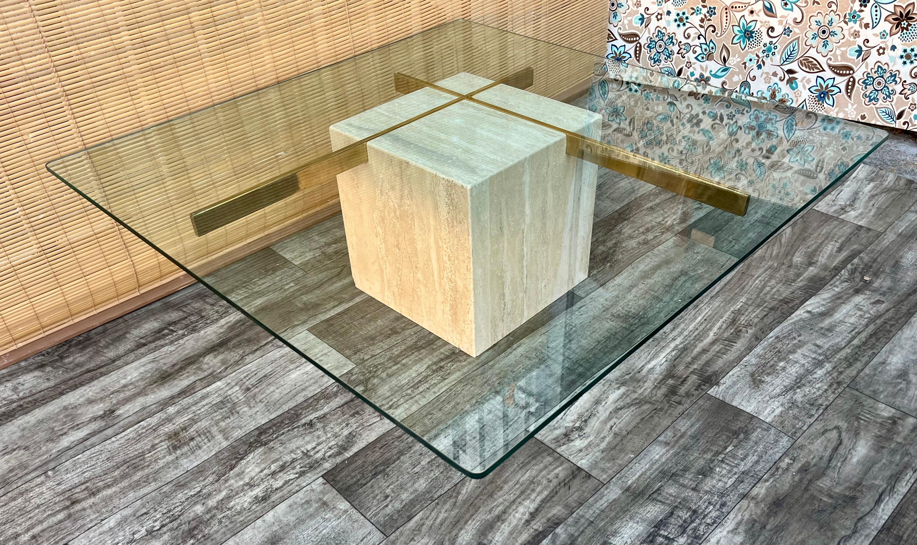 Postmodern Travertine and Glass Top Coffee Table. Circa 1970s  For Sale 2