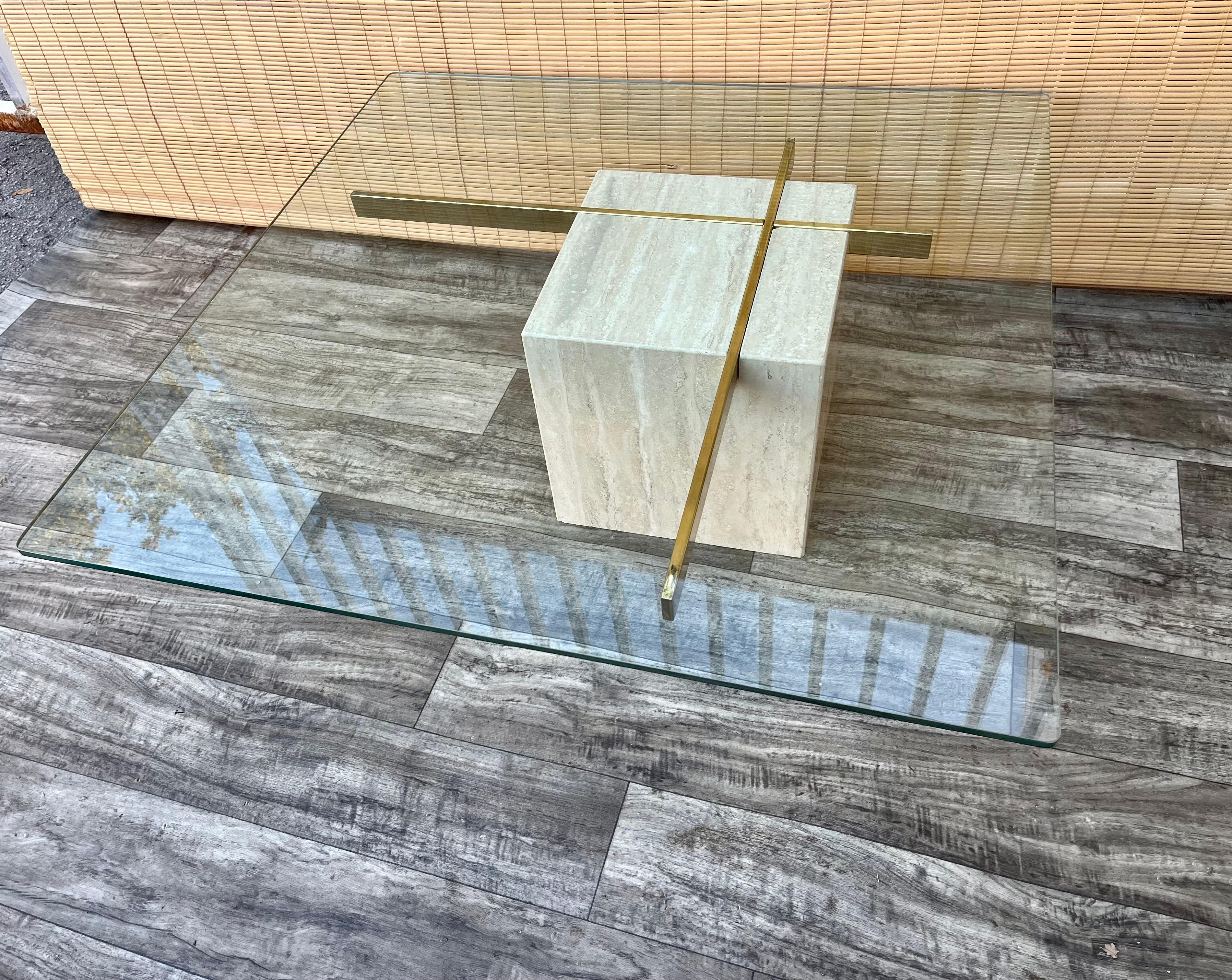 Postmodern Travertine and Glass Top Coffee Table. Circa 1970s  For Sale 3