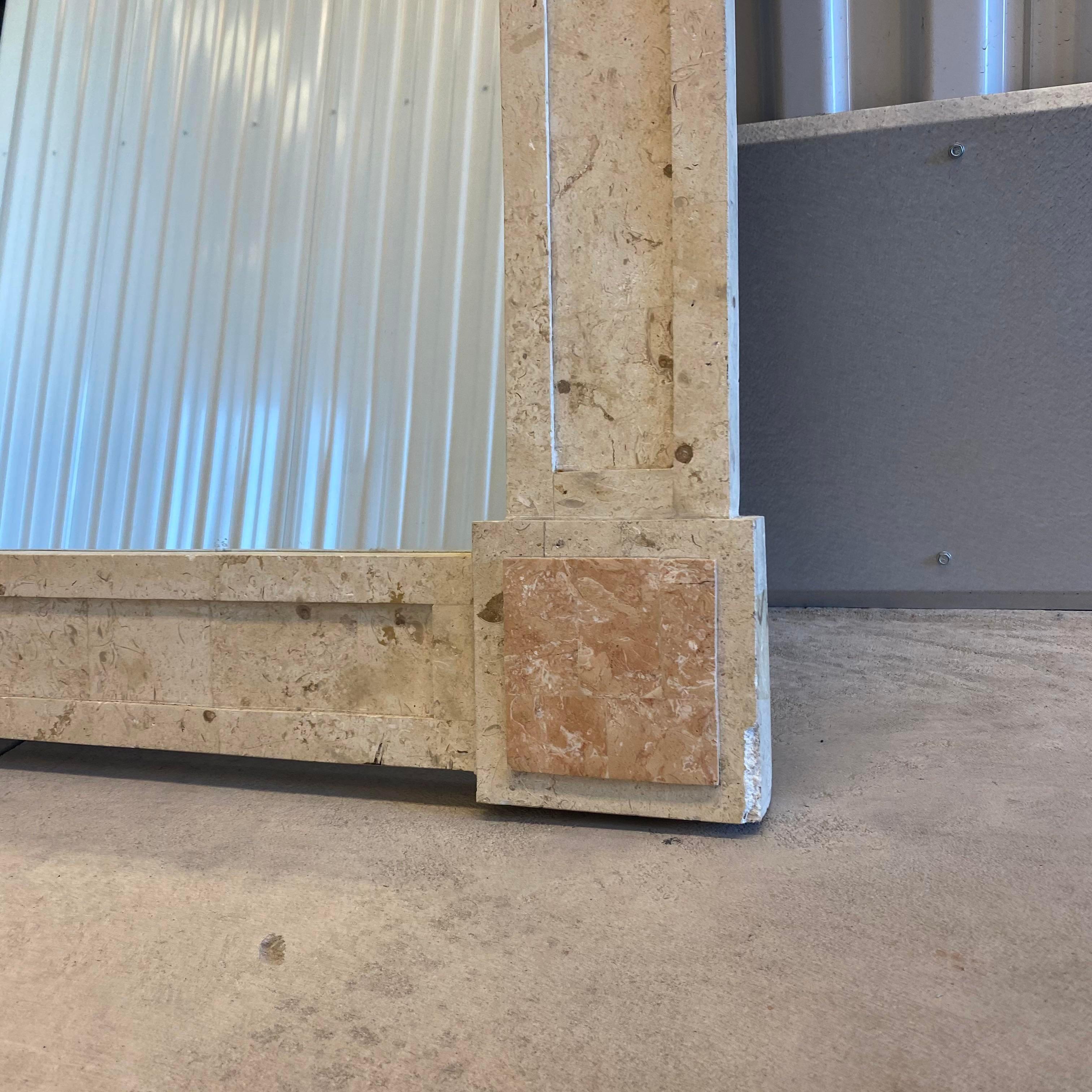 Post-Modern Postmodern Travertine and Inlaid Blush Marble Mirror For Sale
