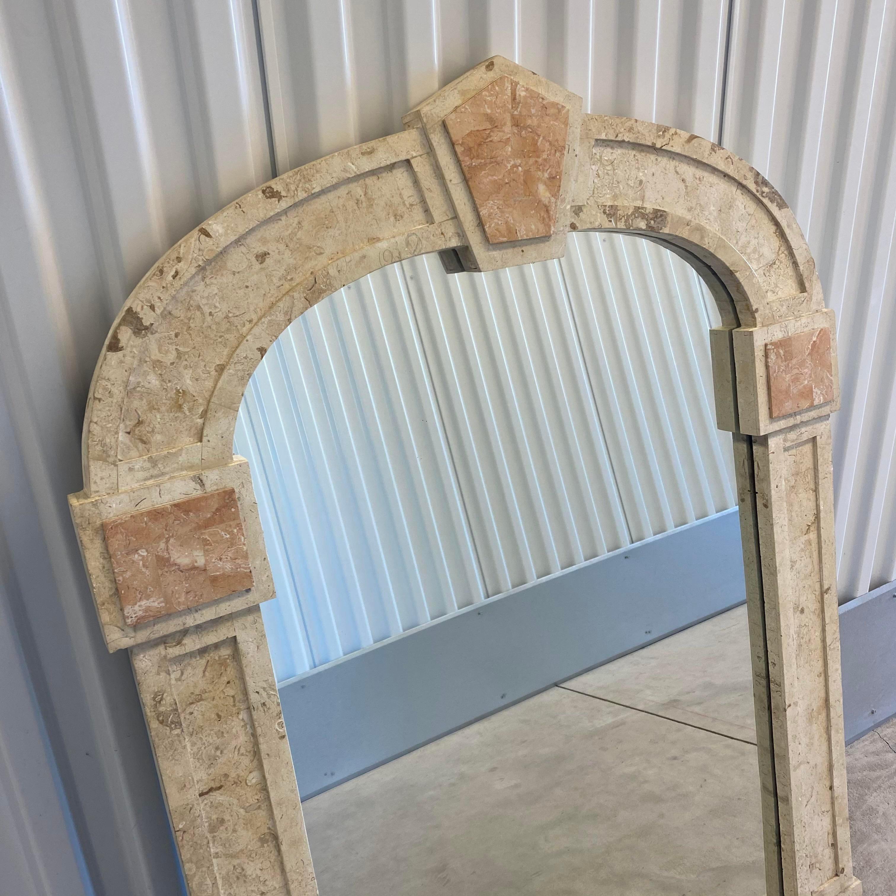 Unknown Postmodern Travertine and Inlaid Blush Marble Mirror For Sale