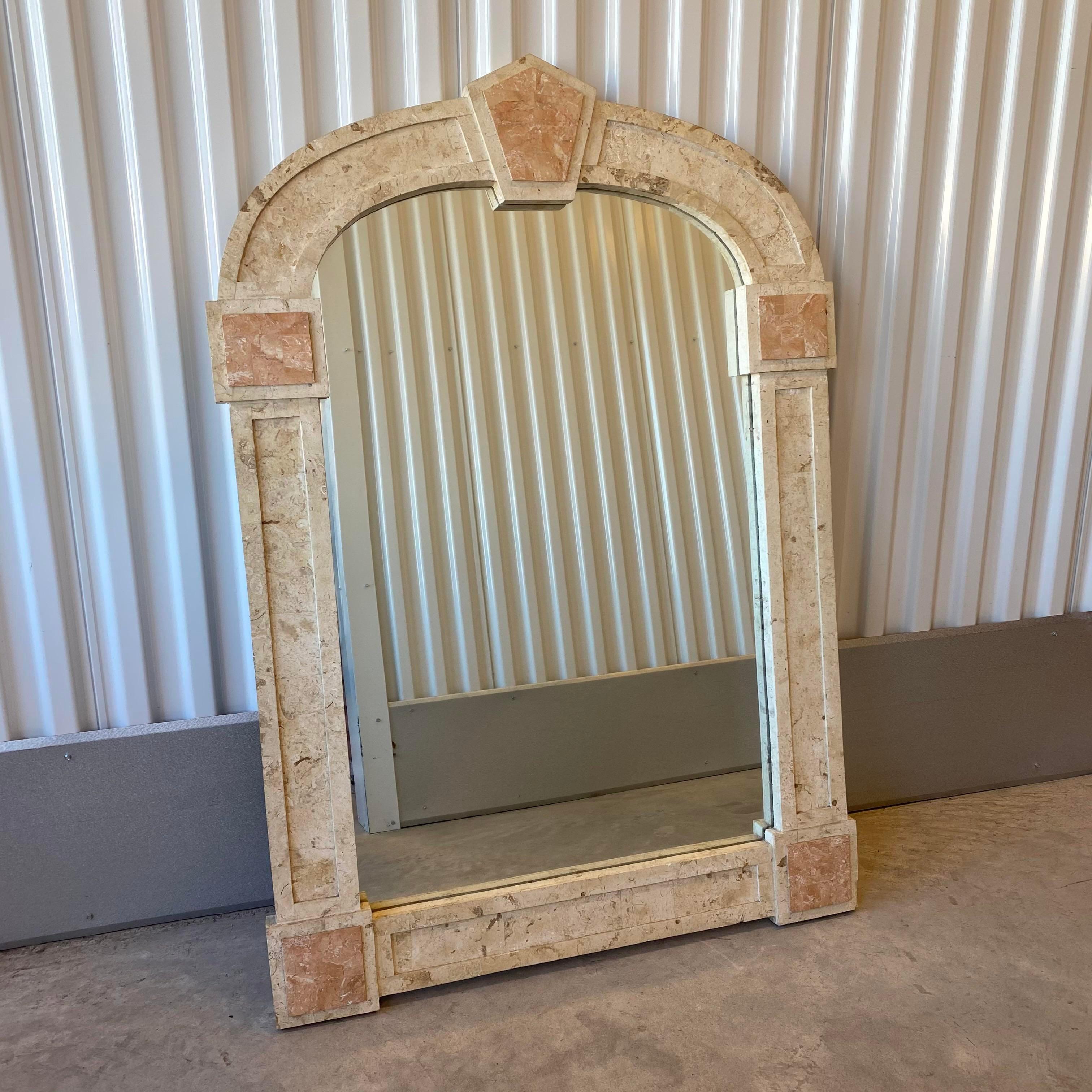 Postmodern Travertine and Inlaid Blush Marble Mirror In Good Condition For Sale In Westfield, NJ