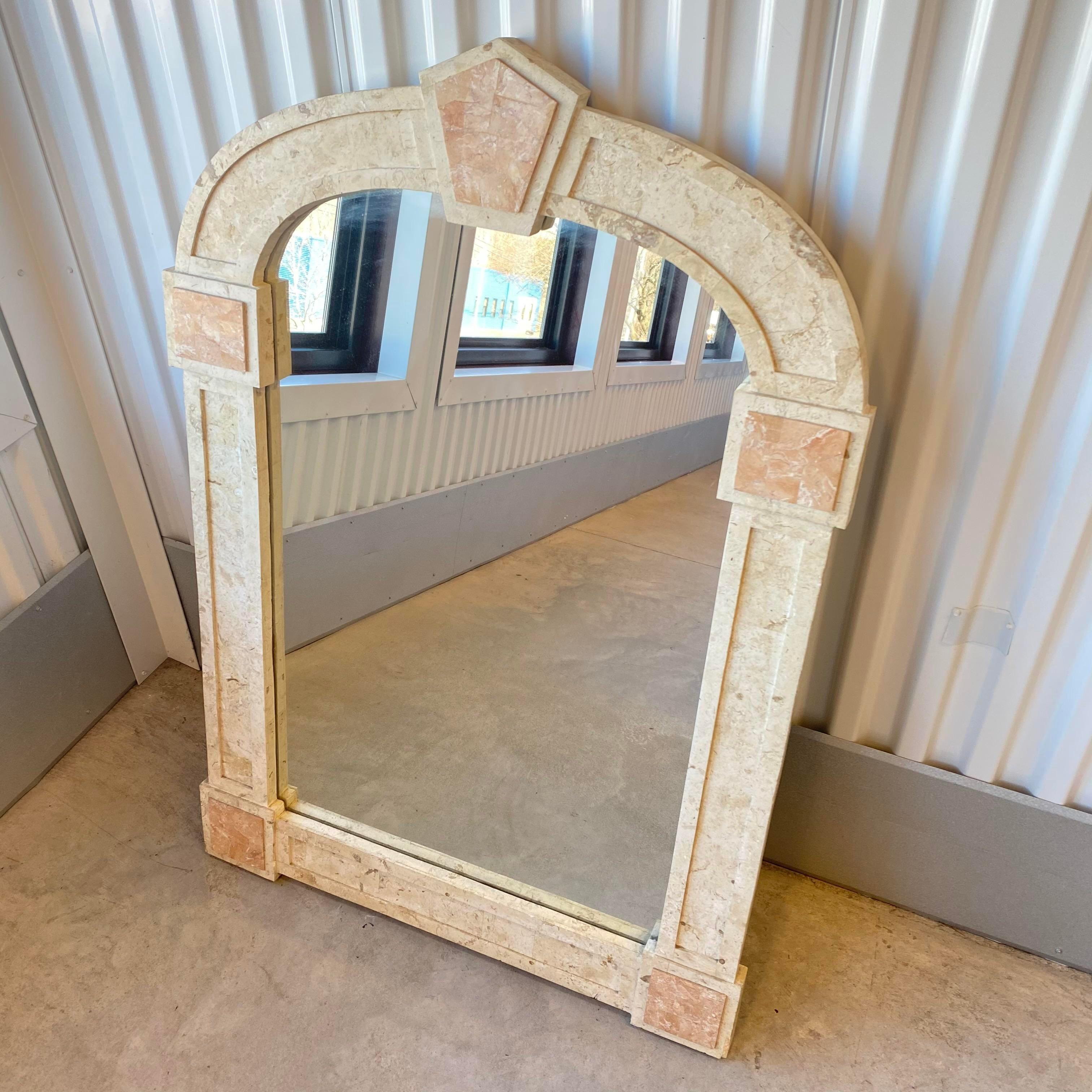 20th Century Postmodern Travertine and Inlaid Blush Marble Mirror For Sale