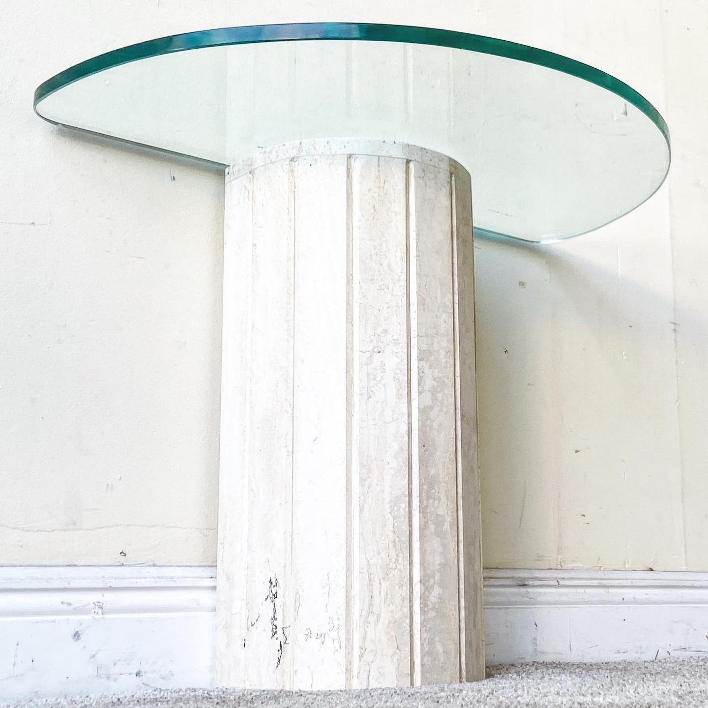 Italian Postmodern Travertine Glass Top Demi Lune Accent Table