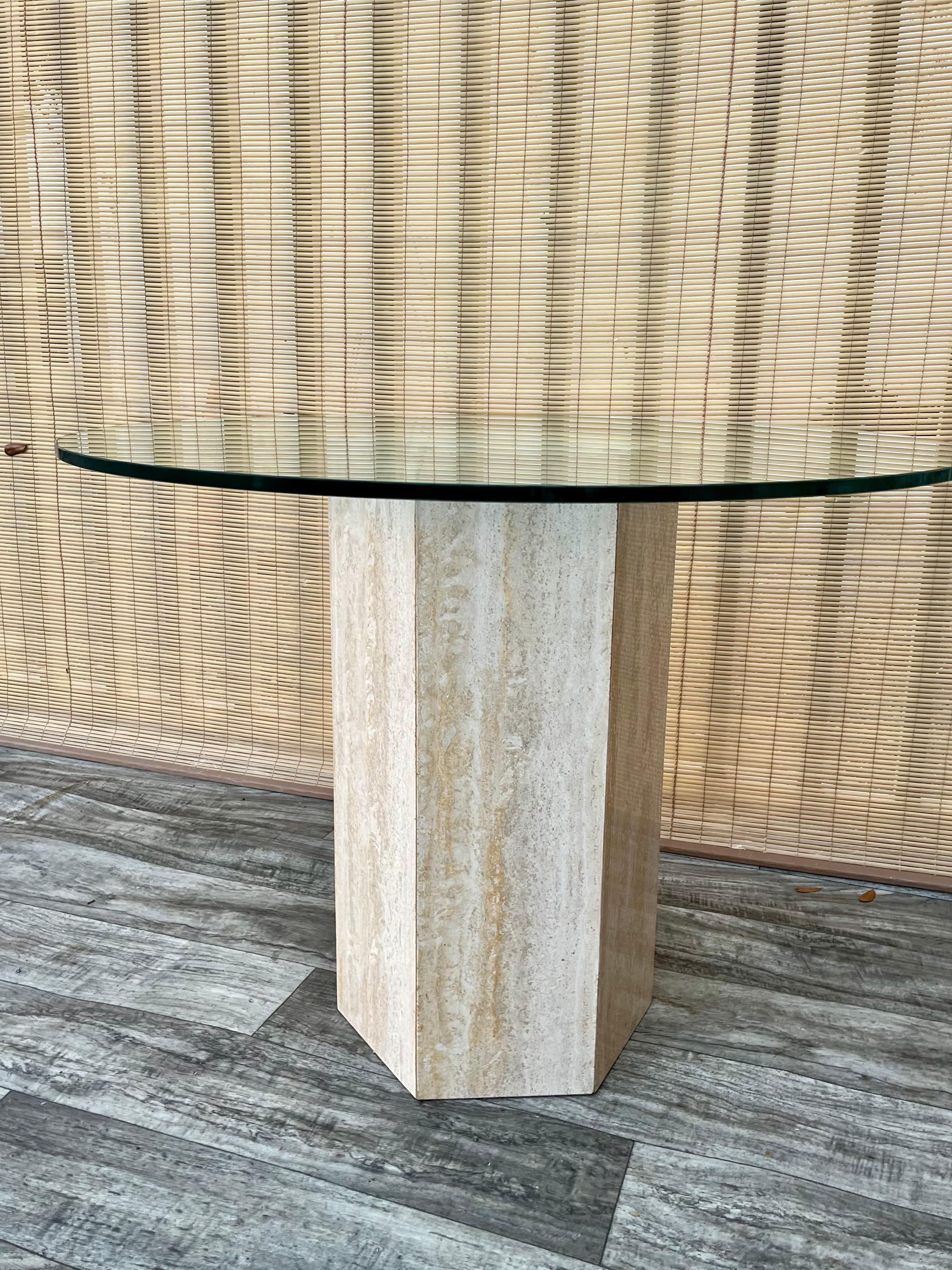 Postmodern Travertine Pedestal Base Glass-Top Center/ Diner Table. Circa 1970s  For Sale 4