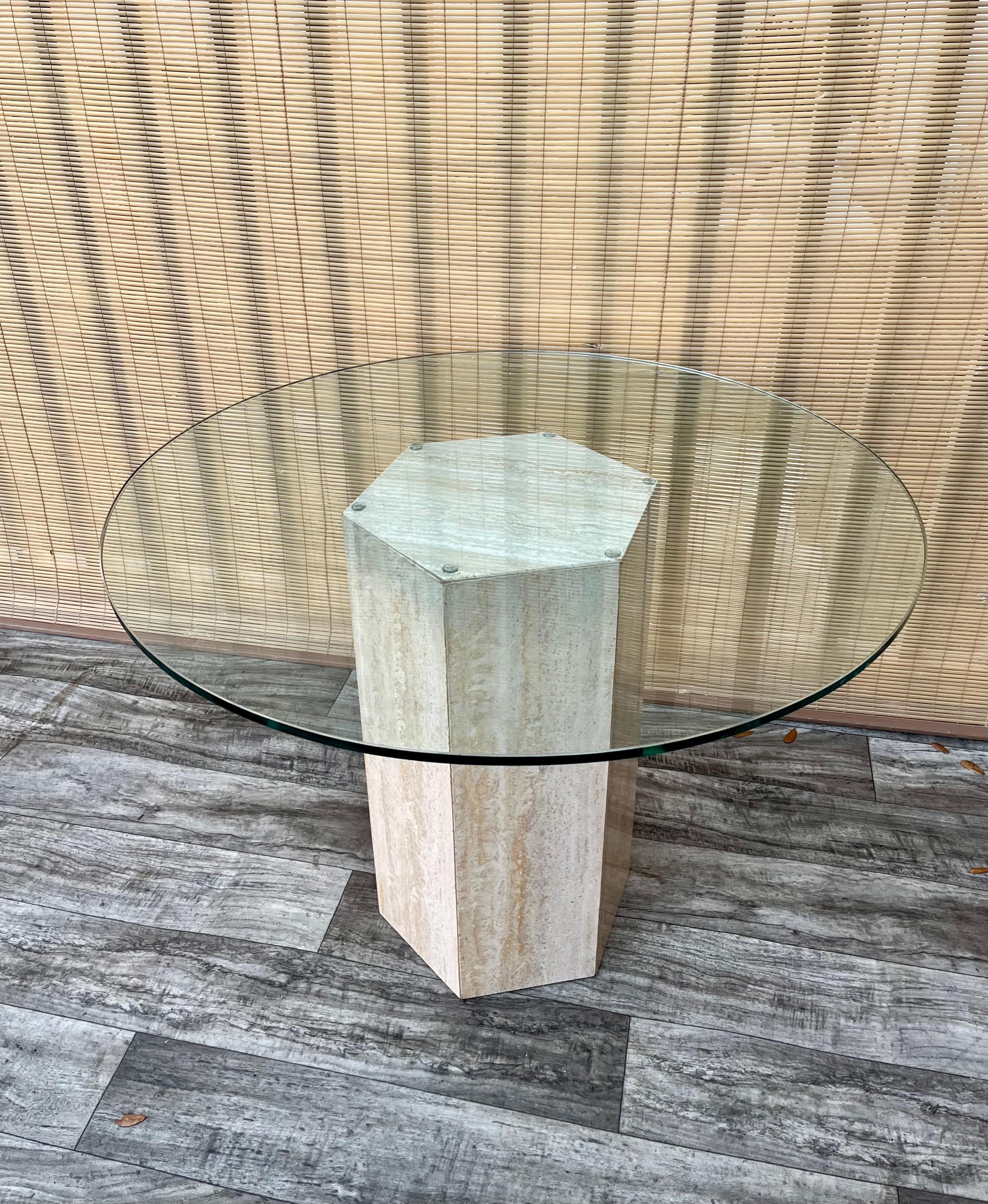 Postmodern Travertine Pedestal Base Glass-Top Center/ Diner Table. Circa 1970s  For Sale 6