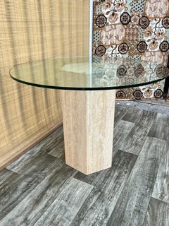 Postmodern Travertine Pedestal Base Glass-Top Center/ Diner Table. Circa 1970s