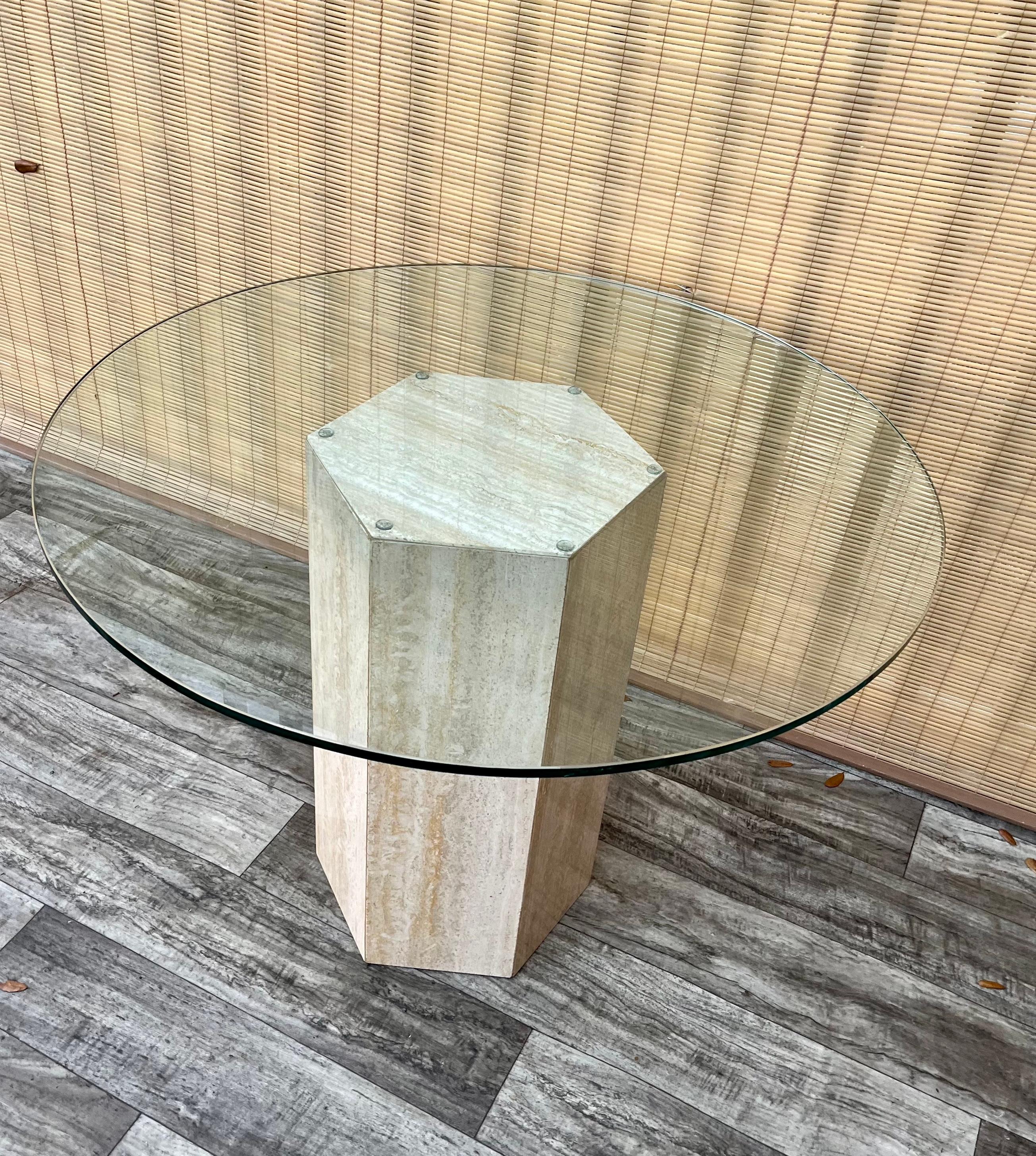 Postmodern Travertine Pedestal Base Glass-Top Center/ Diner Table. Circa 1970s  For Sale 1