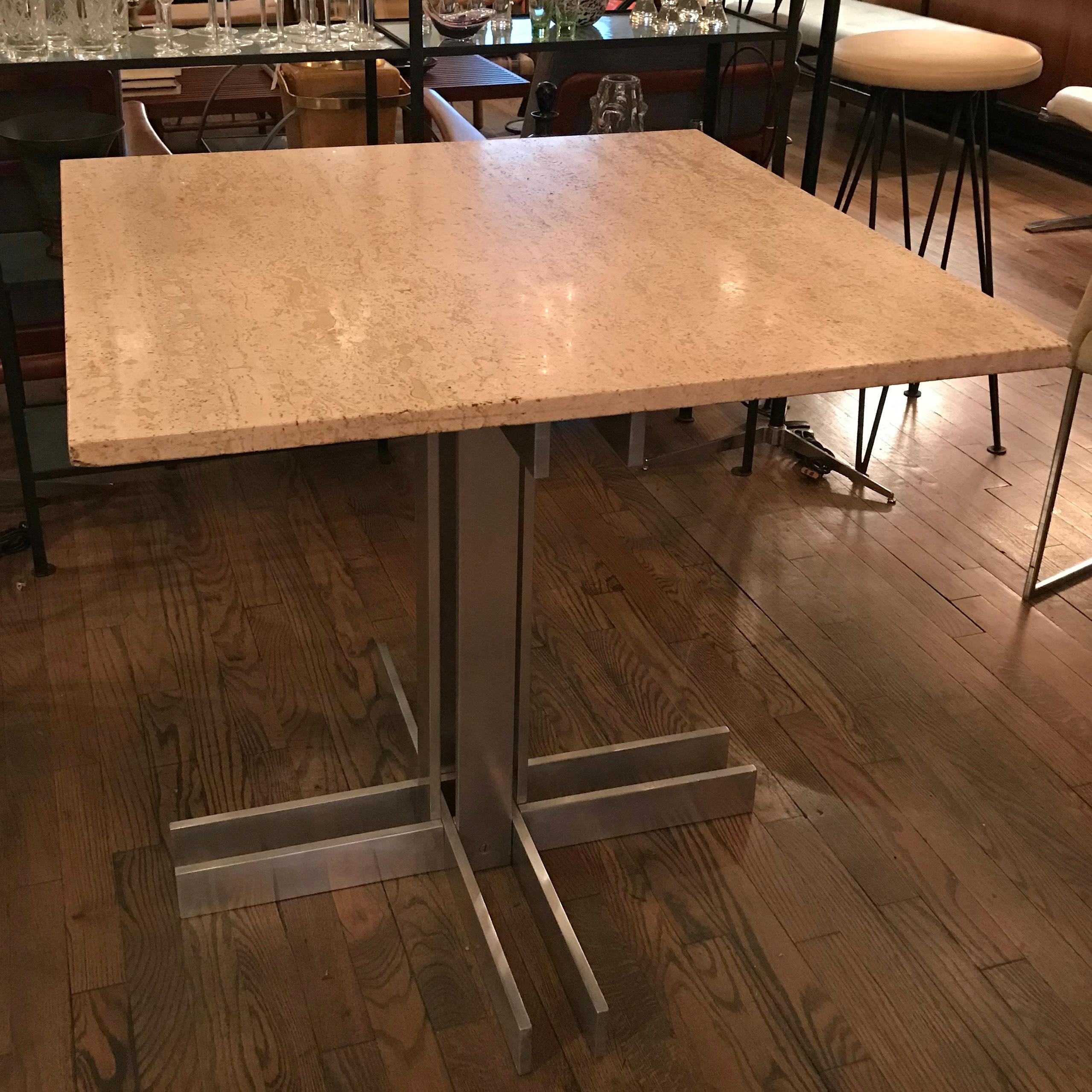 American Postmodern Travertine Table with Architectural Aluminum Base