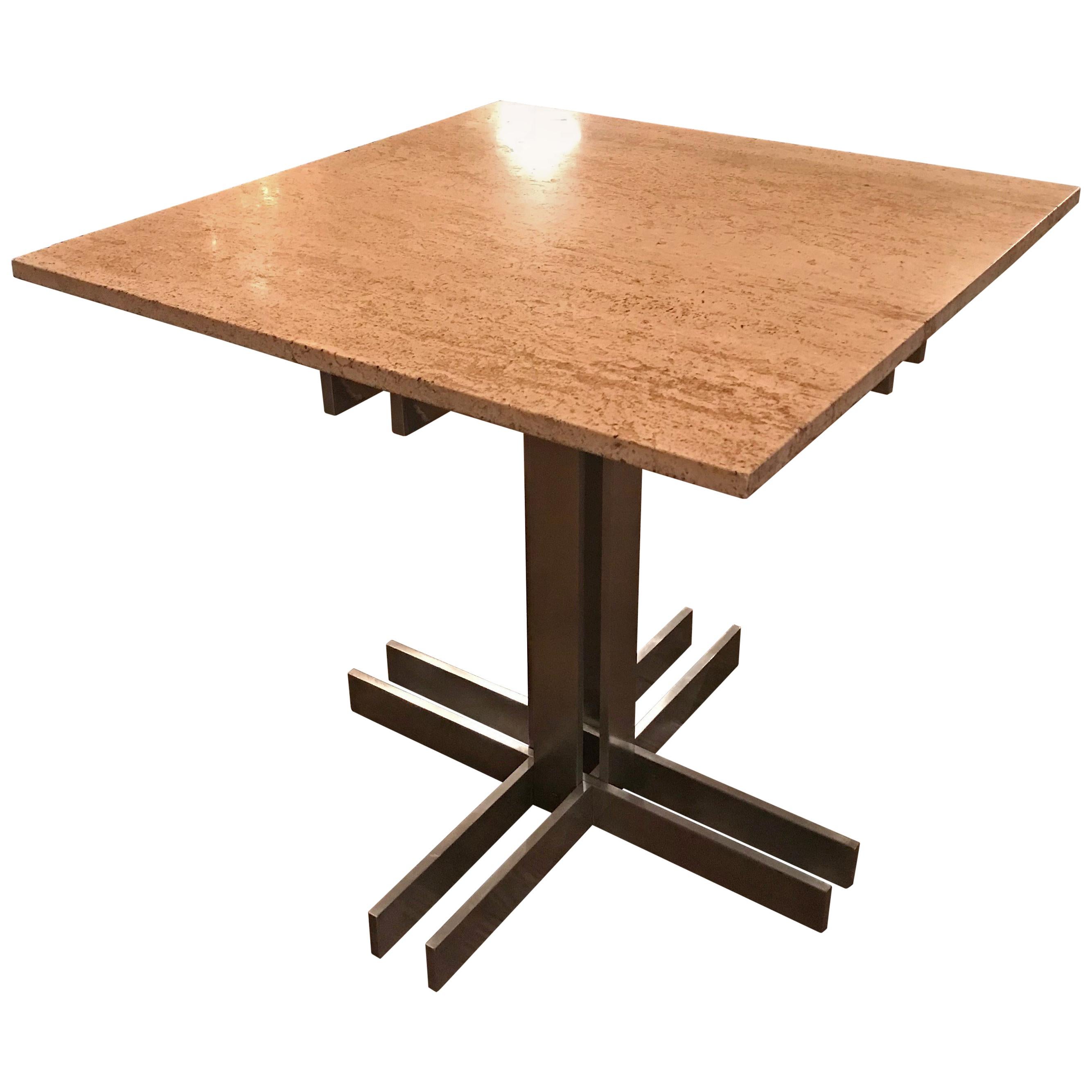 Postmodern Travertine Table with Architectural Aluminum Base