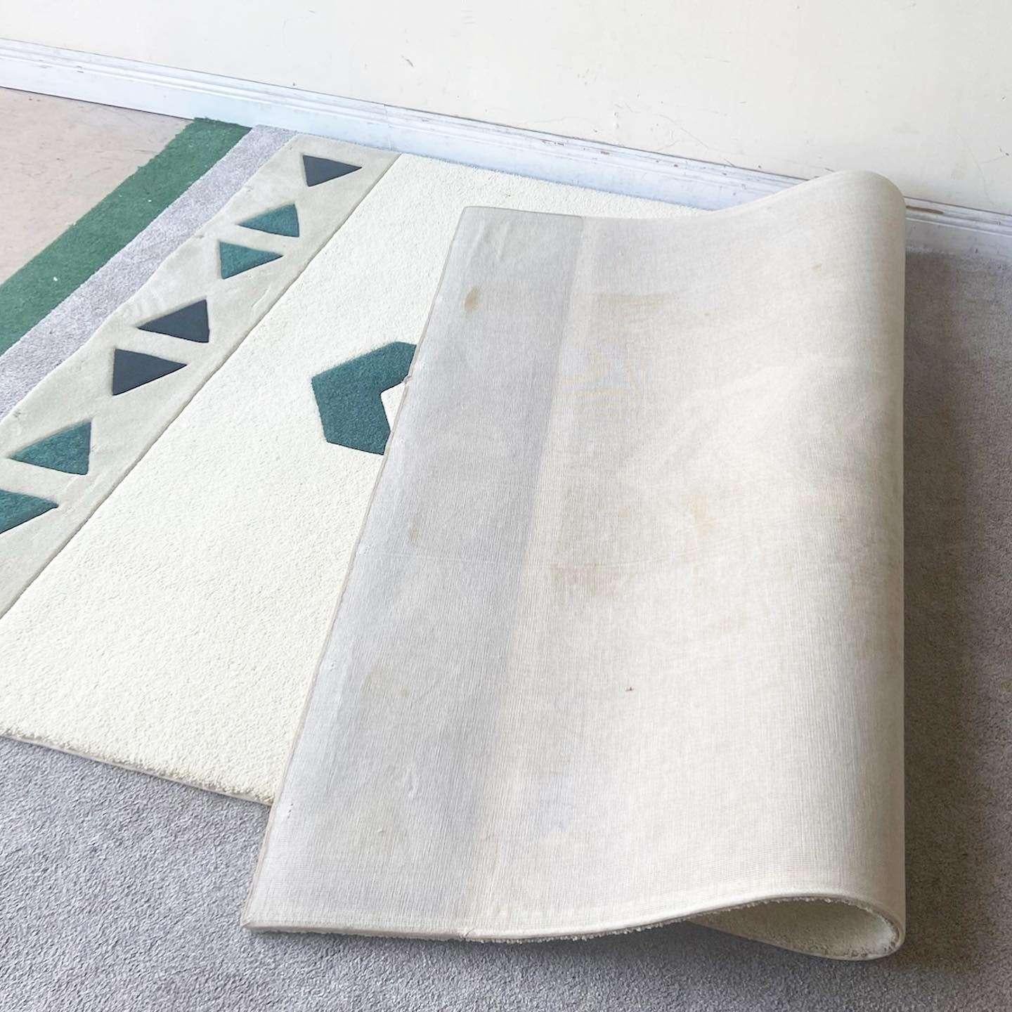 Fabric Postmodern Tribal Cream, Tan and Green Rectangular Area Rug For Sale