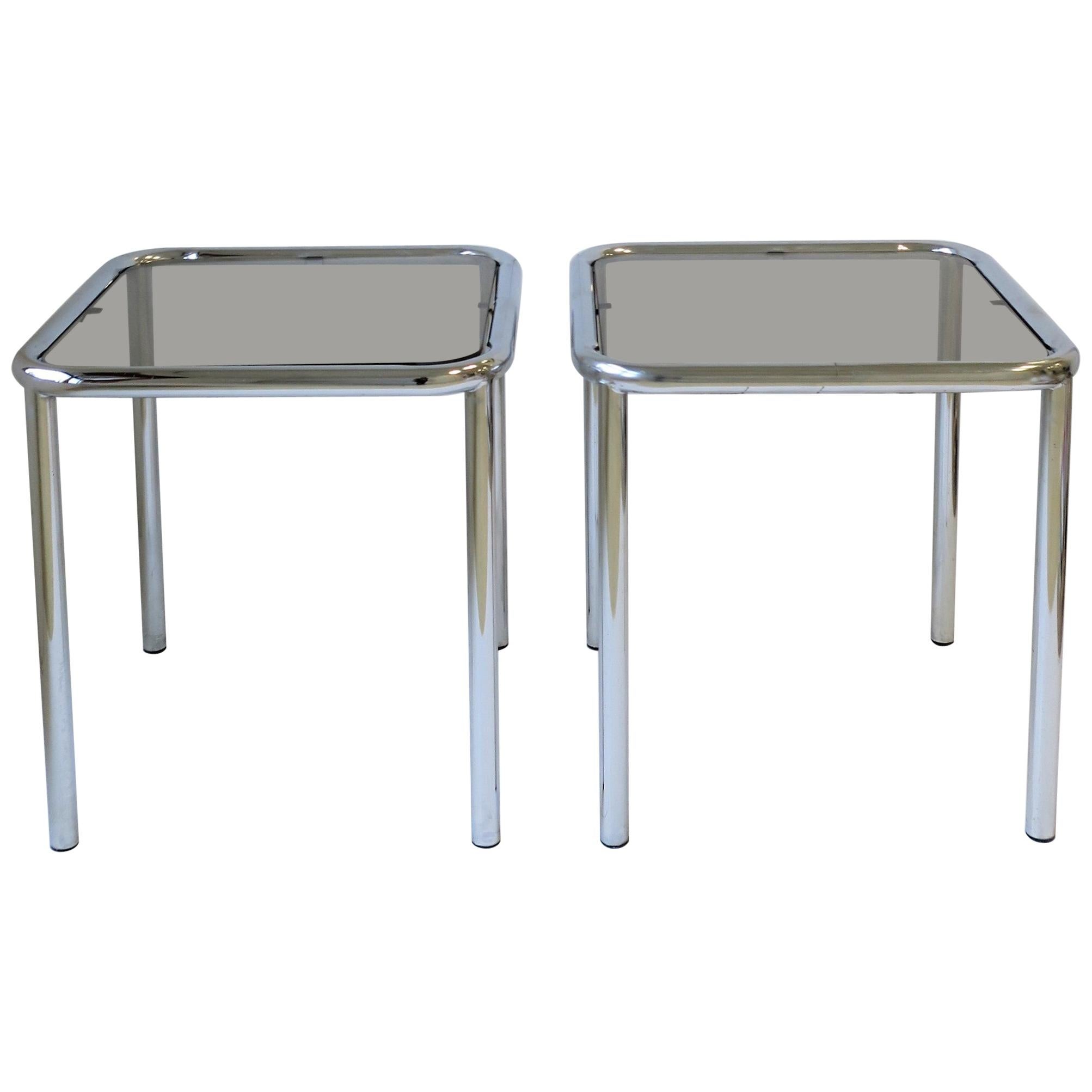 Postmodern Tubular End, Side, and Stacking Tables in Chrome and Glass, Pair