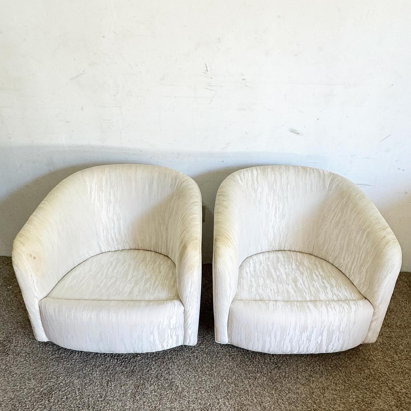 Postmodern Tufted Barrel Swivel Chairs - a Pair In Good Condition For Sale In Delray Beach, FL