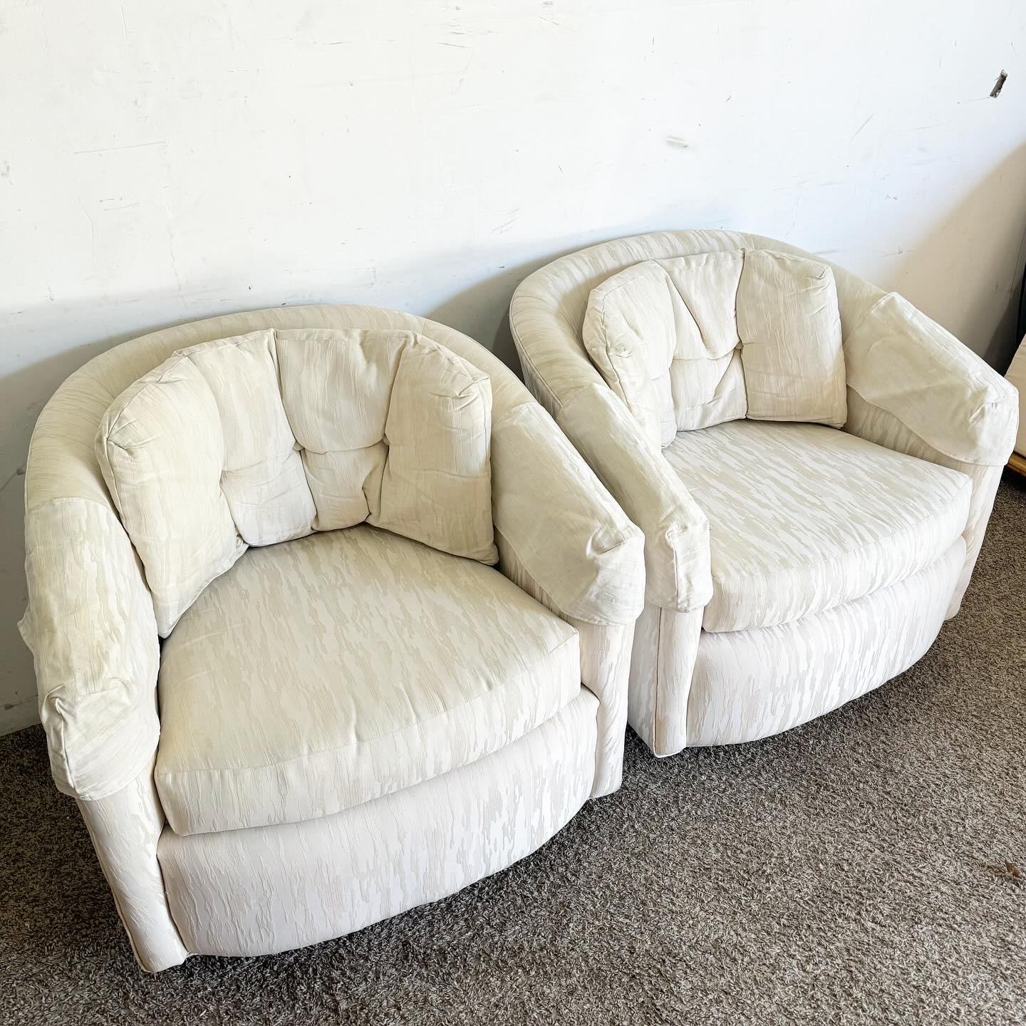 Late 20th Century Postmodern Tufted Barrel Swivel Chairs - a Pair For Sale