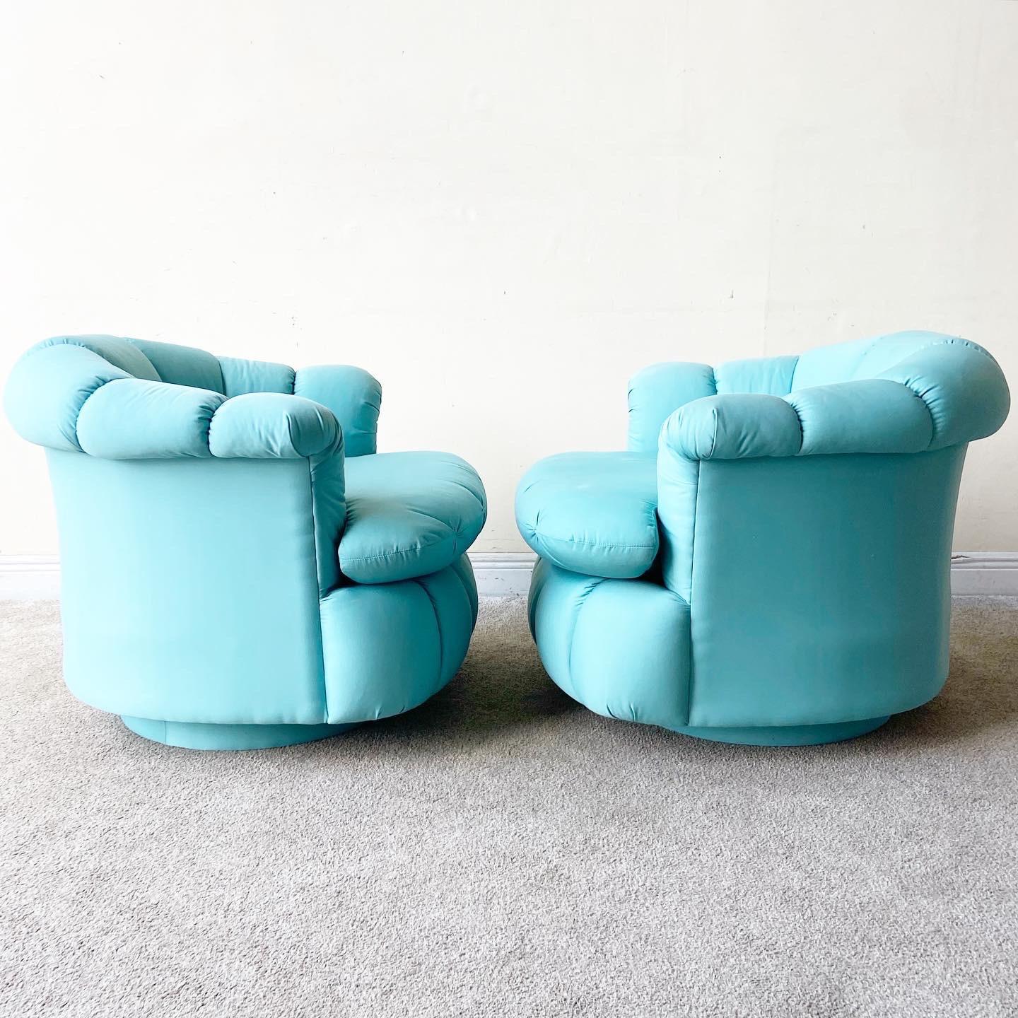 Post-Modern Postmodern Turquoise Clam Shell Swivel Chairs, a Pair