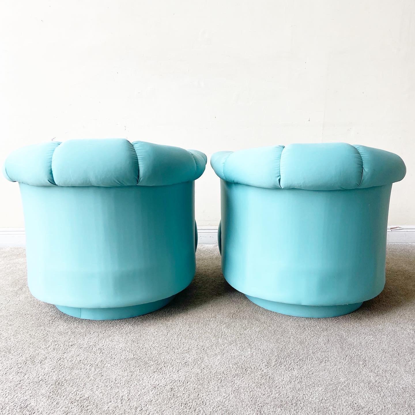 American Postmodern Turquoise Clam Shell Swivel Chairs, a Pair