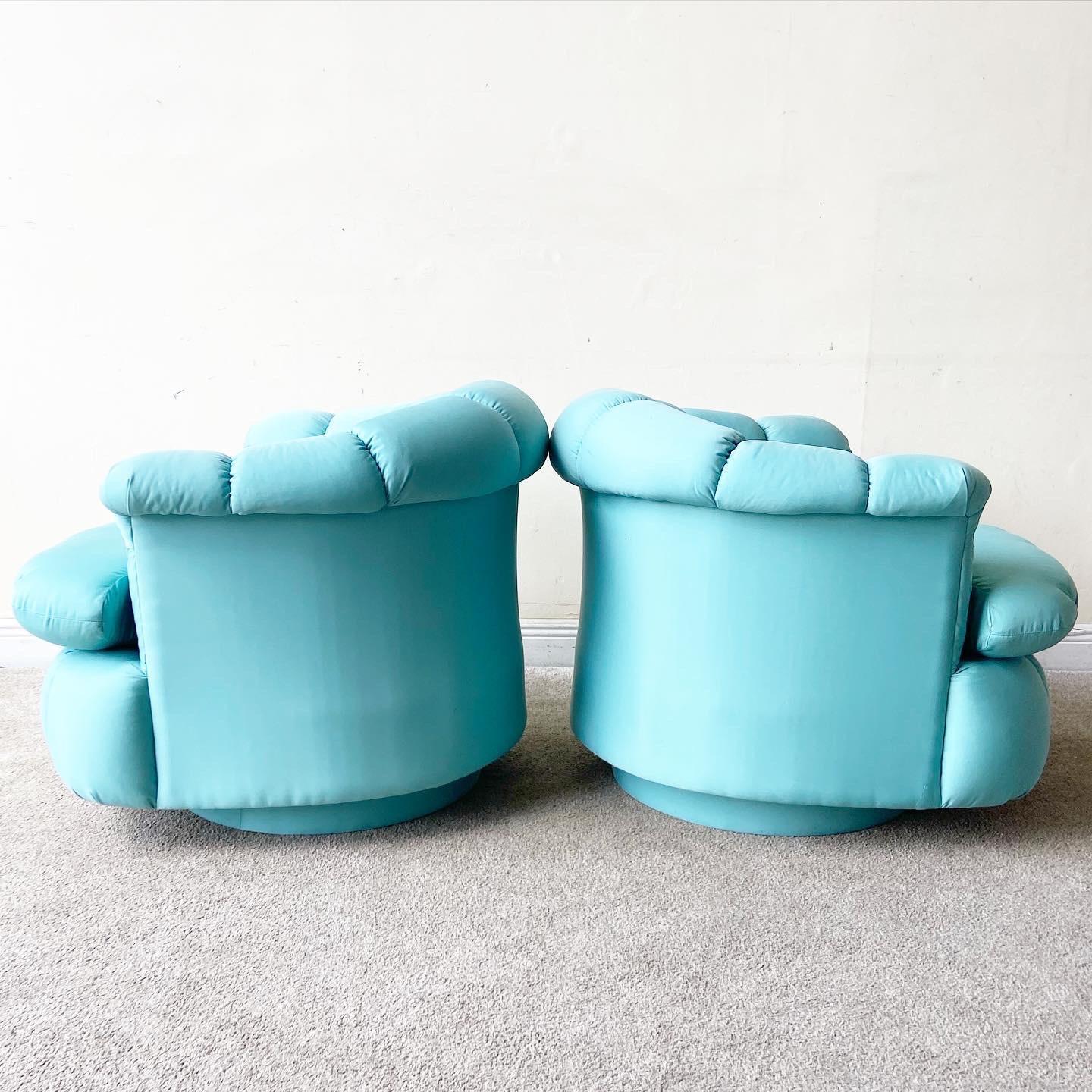 Late 20th Century Postmodern Turquoise Clam Shell Swivel Chairs, a Pair