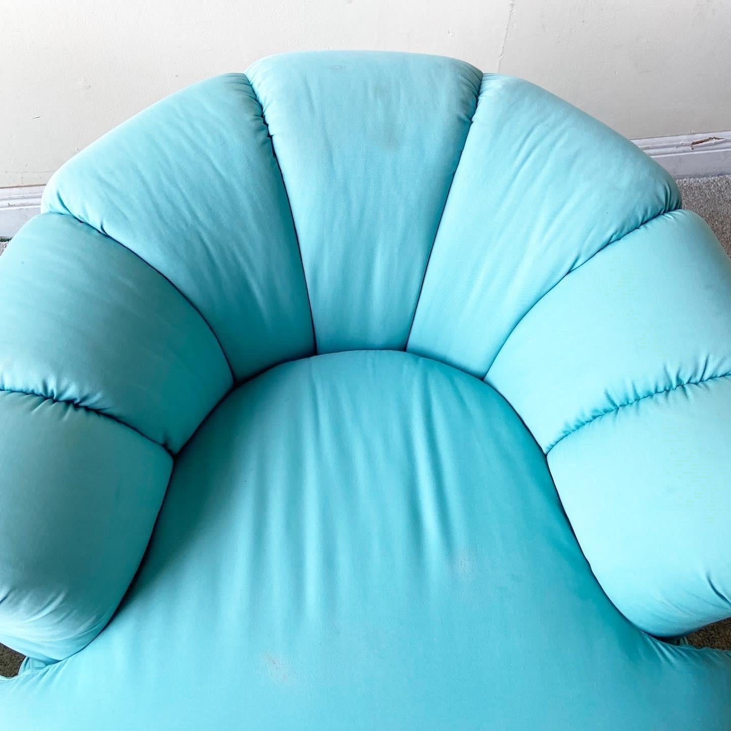 Fabric Postmodern Turquoise Clam Shell Swivel Chairs, a Pair