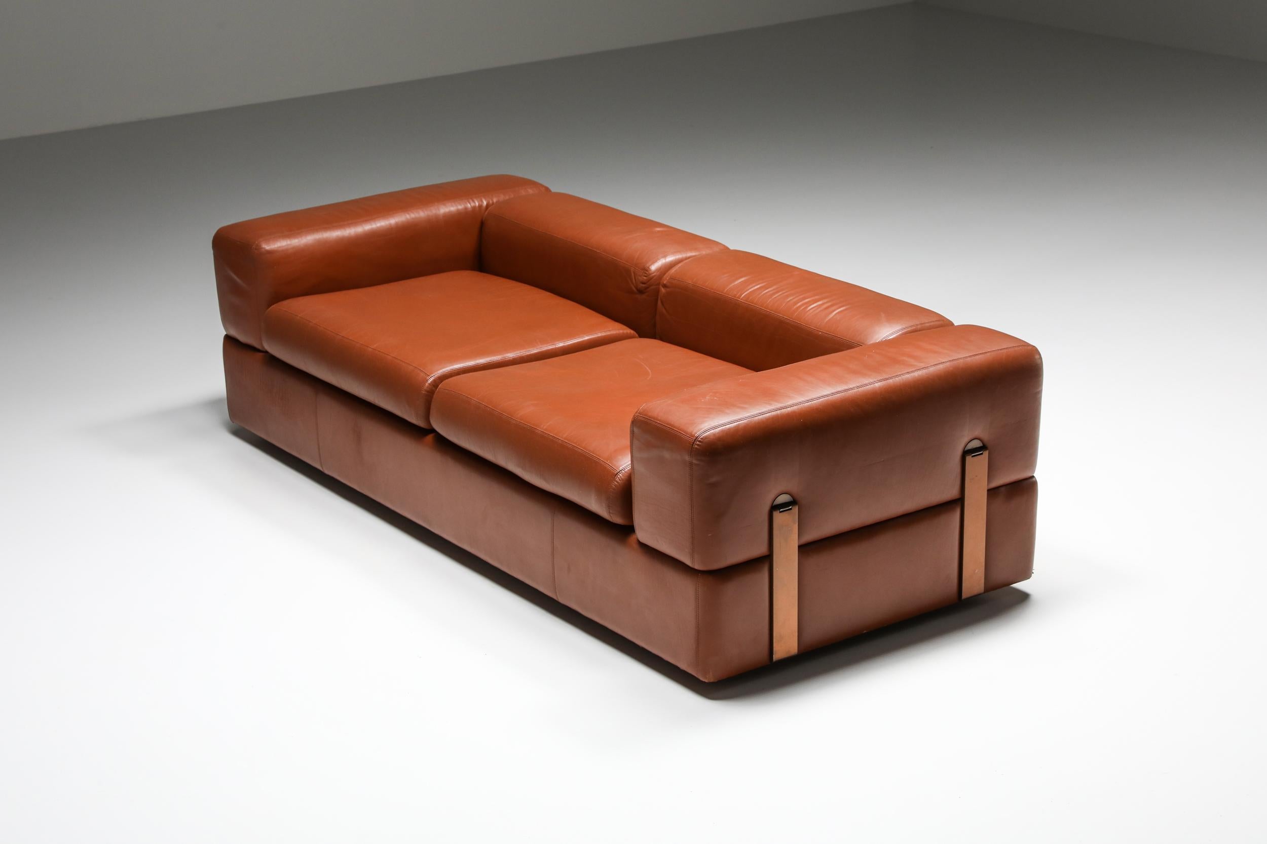 Post-Modern Postmodern Two-Seater Sofa by Tito Agnoli for Cinova in Cognac Leather, 1960's