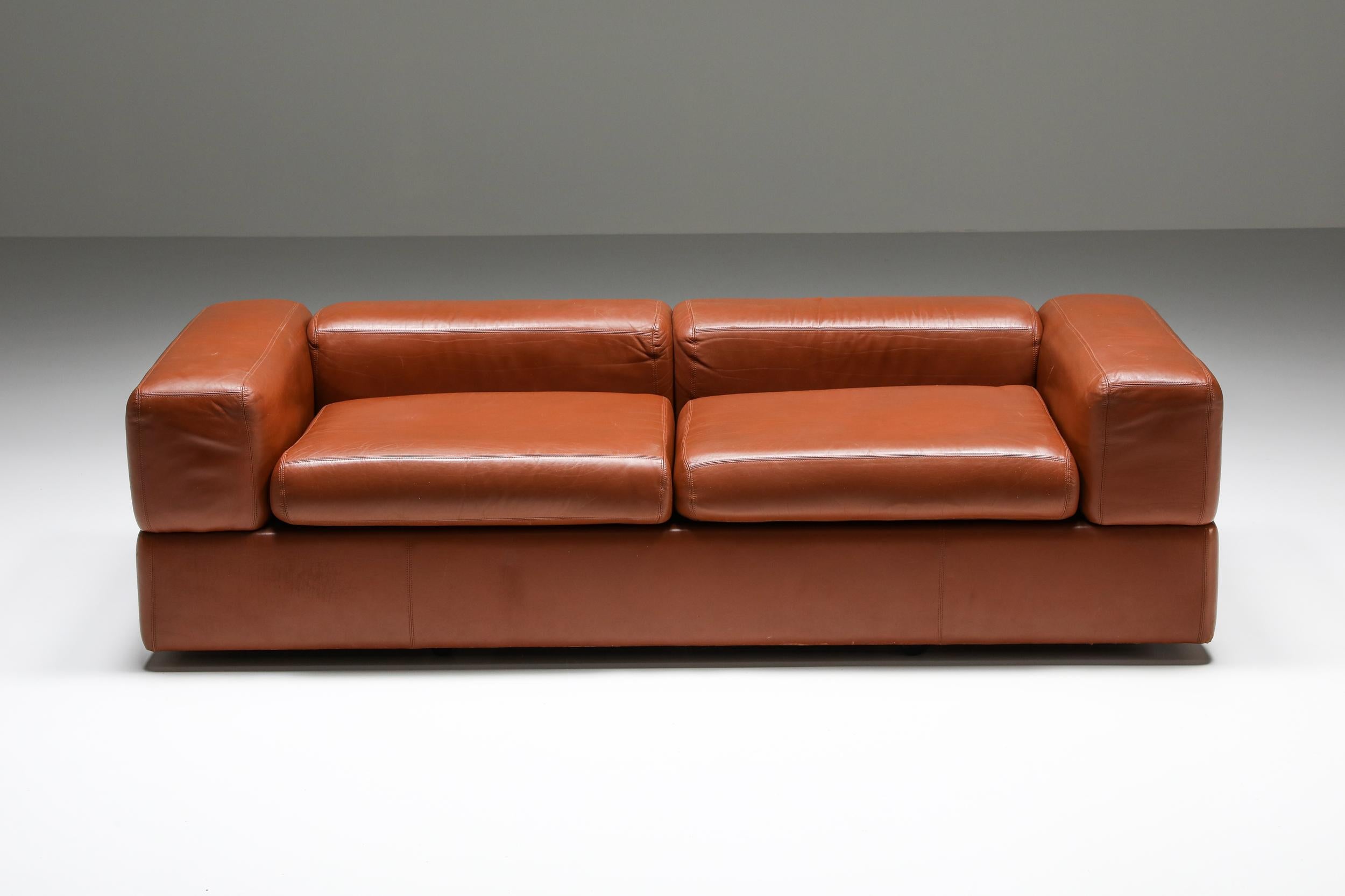 Postmodern Two-Seater Sofa by Tito Agnoli for Cinova in Cognac Leather, 1960's In Excellent Condition In Antwerp, BE