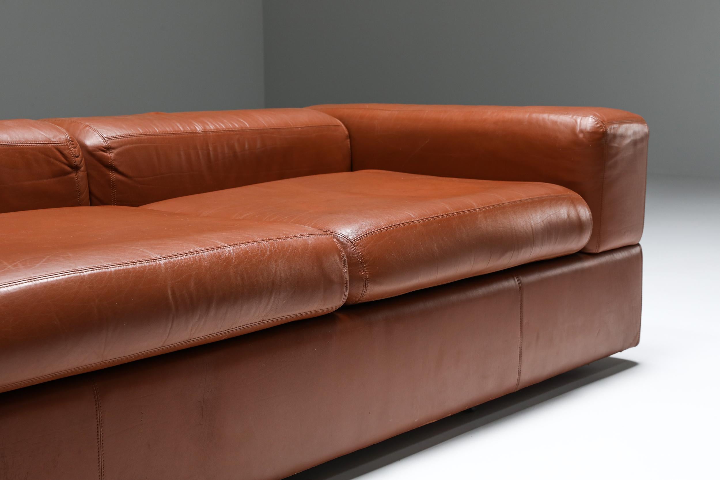 Steel Postmodern Two-Seater Sofa by Tito Agnoli for Cinova in Cognac Leather, 1960's