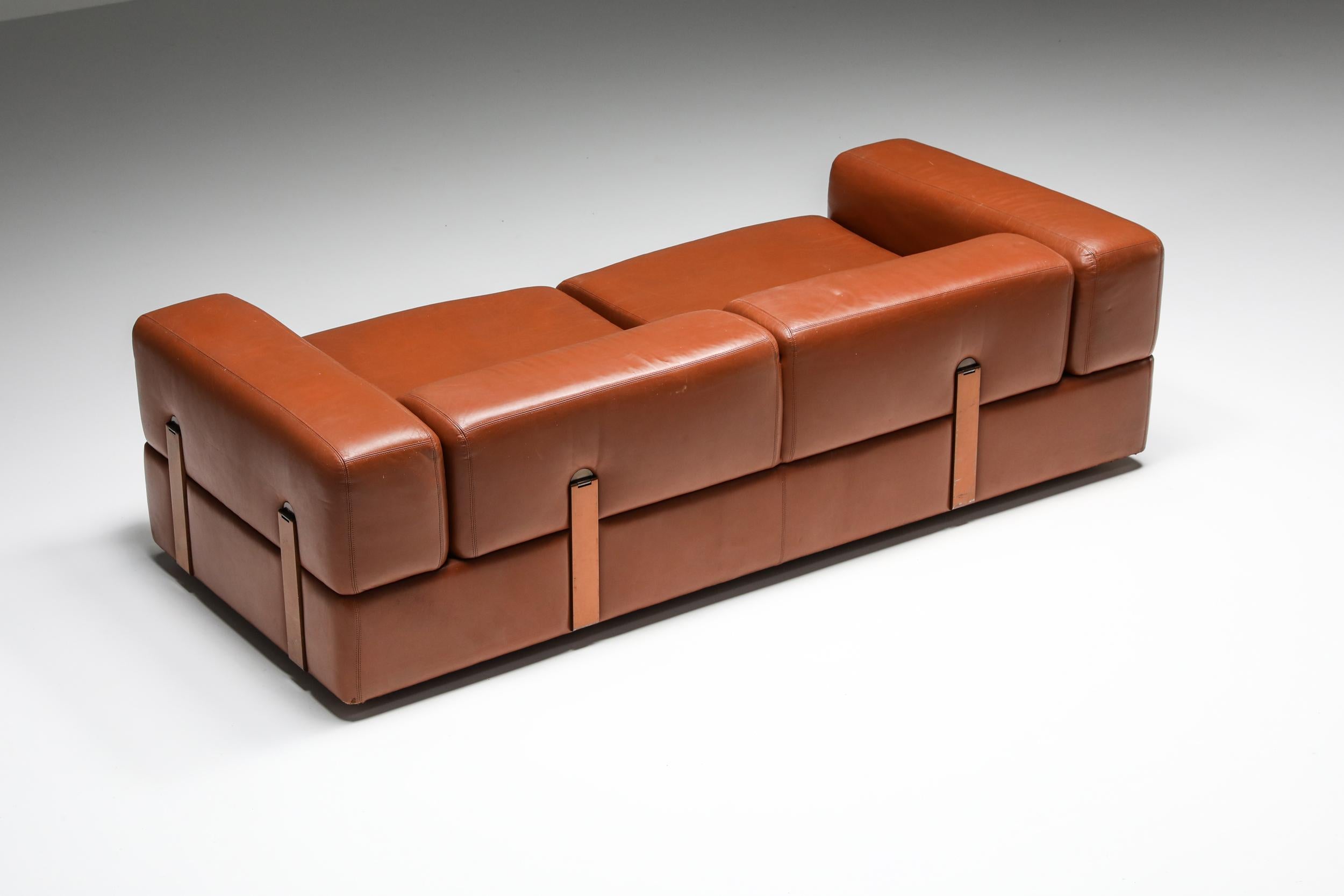 Postmodern Two-Seater Sofa by Tito Agnoli for Cinova in Cognac Leather, 1960's 1