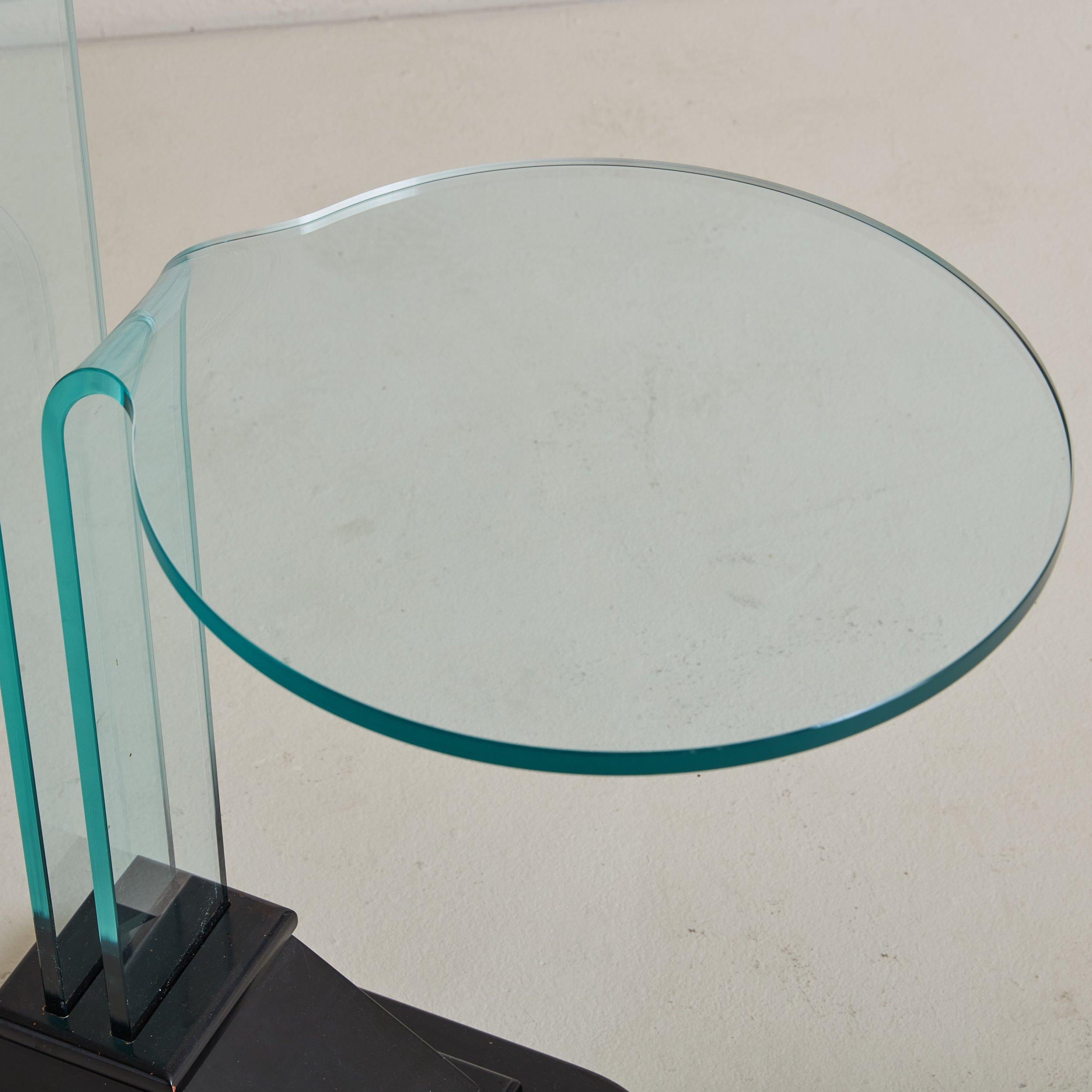 Italian Postmodern Two Tier Glass Side Table with Wood Base, Italy 1980s For Sale
