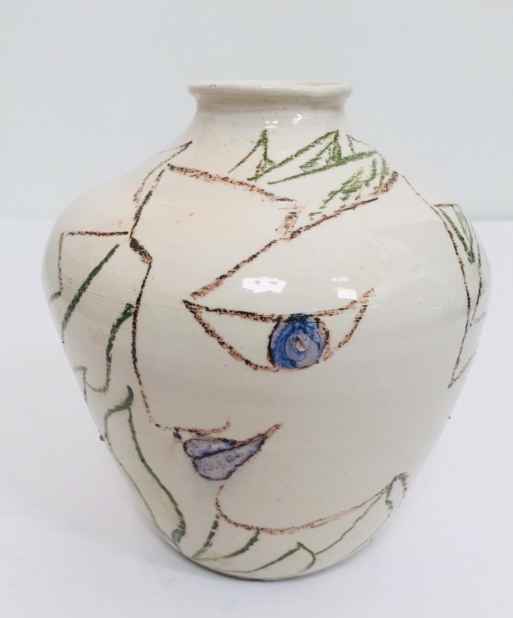 Postmodern Vase with Abstract Head Portraits Figures in Jean Cocteau Style In Good Condition In North Hollywood, CA