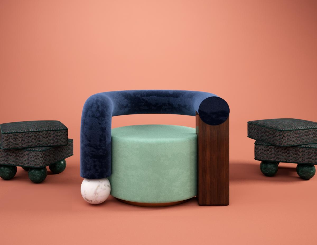 Polished Postmodern Galatea Armchair Kirkby Fabric Handmade in Portugal by Malabar For Sale